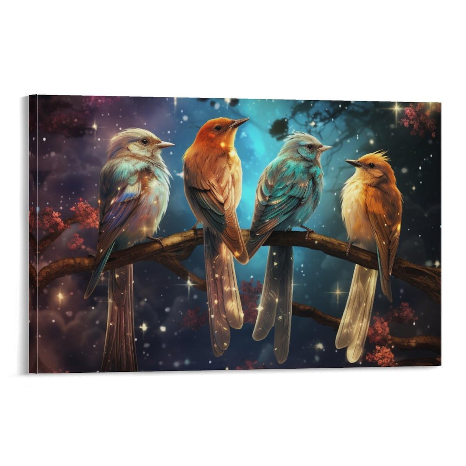 CPLVKWRQJ Bird Individual Four Magical Birds on A Branch Wall Art Decor - Office Wall Focal Art Multi-Purpose Fade Resistant Decor 16x24inch(40x60cm)