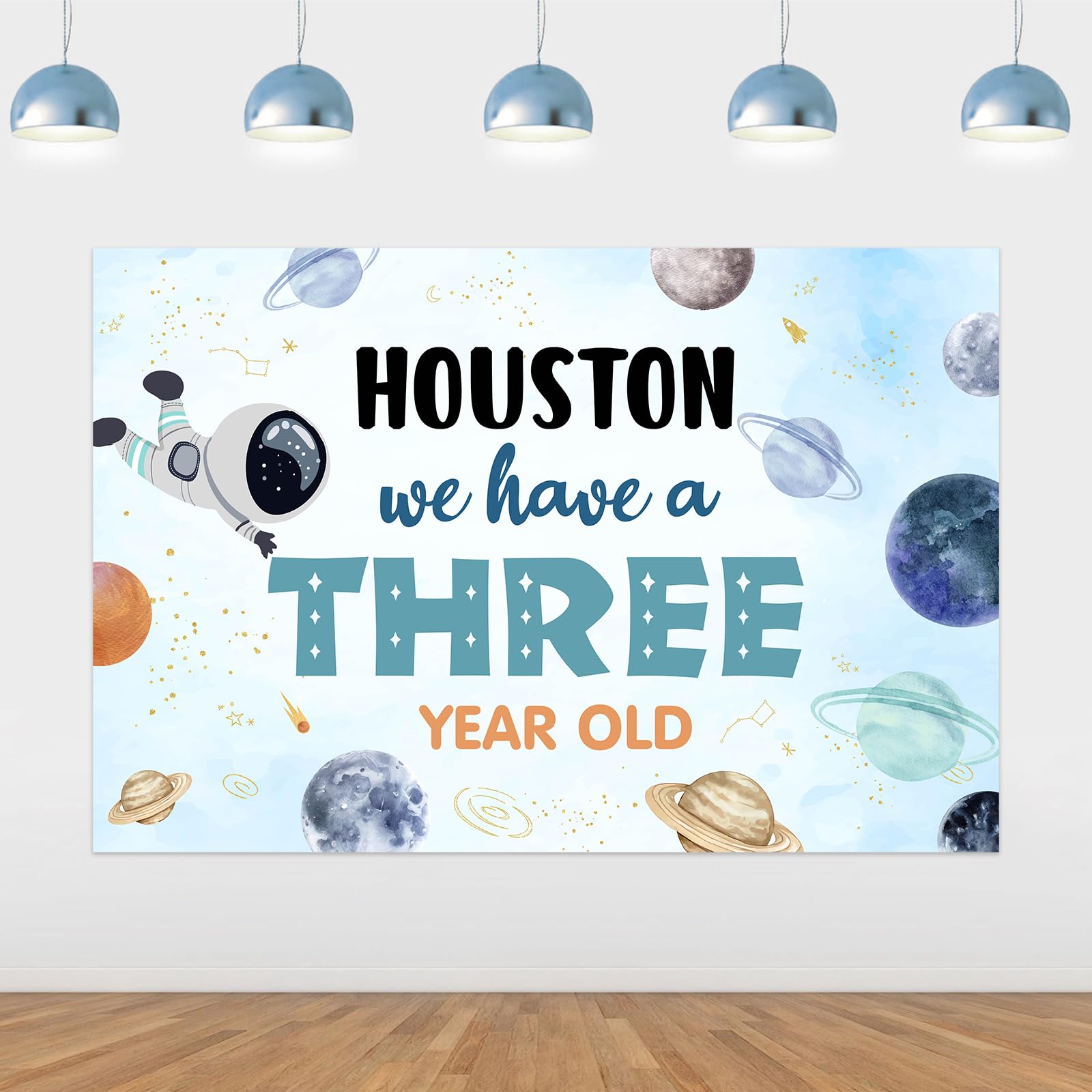 Sursurprise Outer Space 3rd Birthday Decorations, 5x3 ft Houston We Have a Three Year Old Backdrop Banner Rocket Astronaut Photography Background Blue