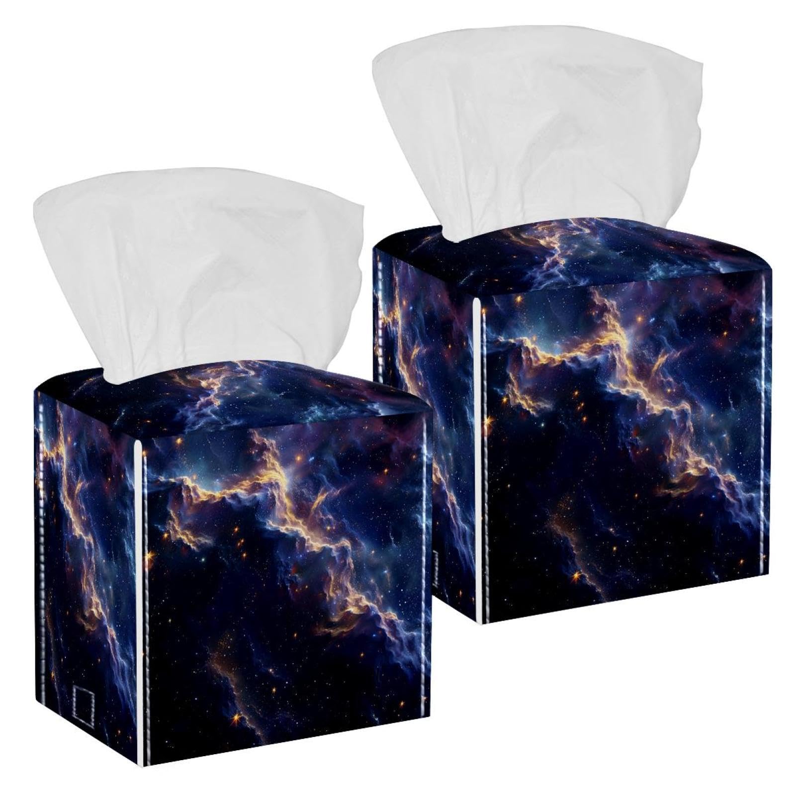 Stars Nebula Tissue Box Cover, 2 Pack PU Leather Square Facial Tissue Dispenser Box holder for Home Office Car