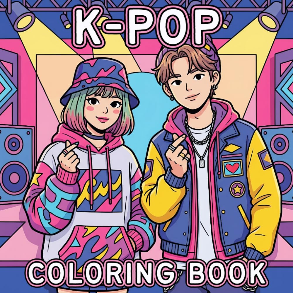 K-Pop Coloring Book: Cute Korean Idol Girls and Boys in Aesthetic Fashion, Dance and Fantasy Demon Scenes + Bold and Easy Designs for Kids, Teens &