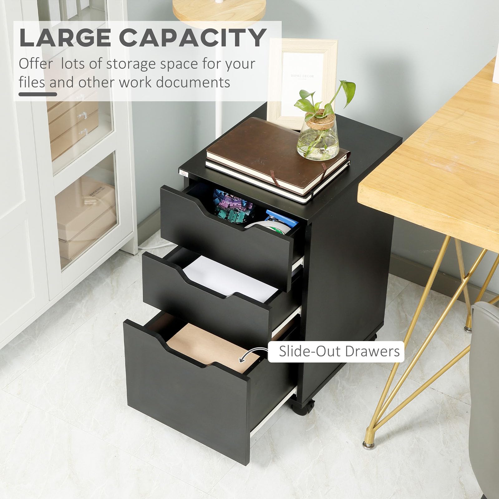 Archivador vertical con cajones con ruedas y 3 cajones de 38,1 cm y 14,1 kg de peso, color negro