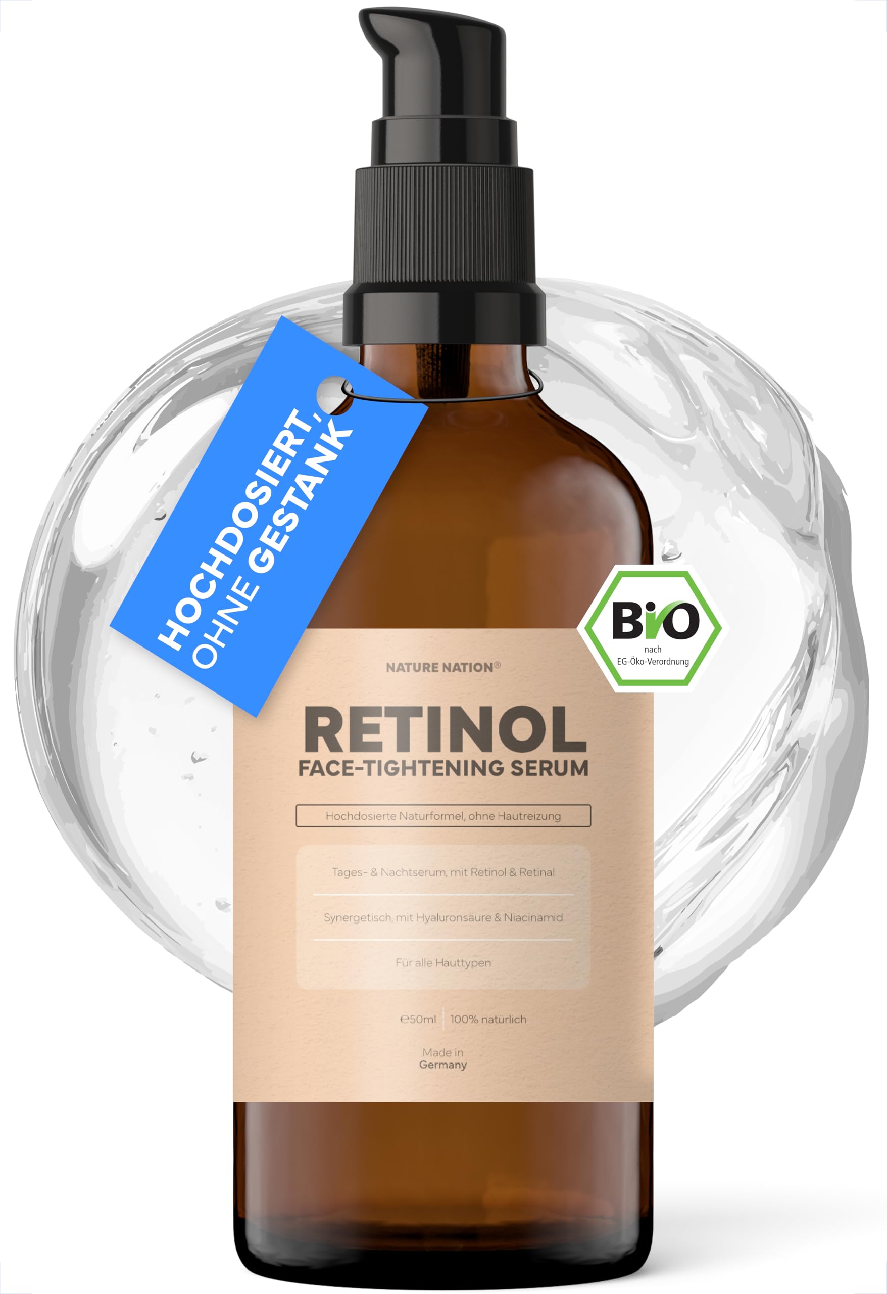 BIO Retinol Serum 2% hochdosiert + Bakuchiol, Retinal & Niacinamid, vegan | Ohne Salicylsäure + Ceramide & Hyaluron, bei feinen Linien & großen Poren, ohne Reizstoffe & Eigengeruch, für die Nachtpflege