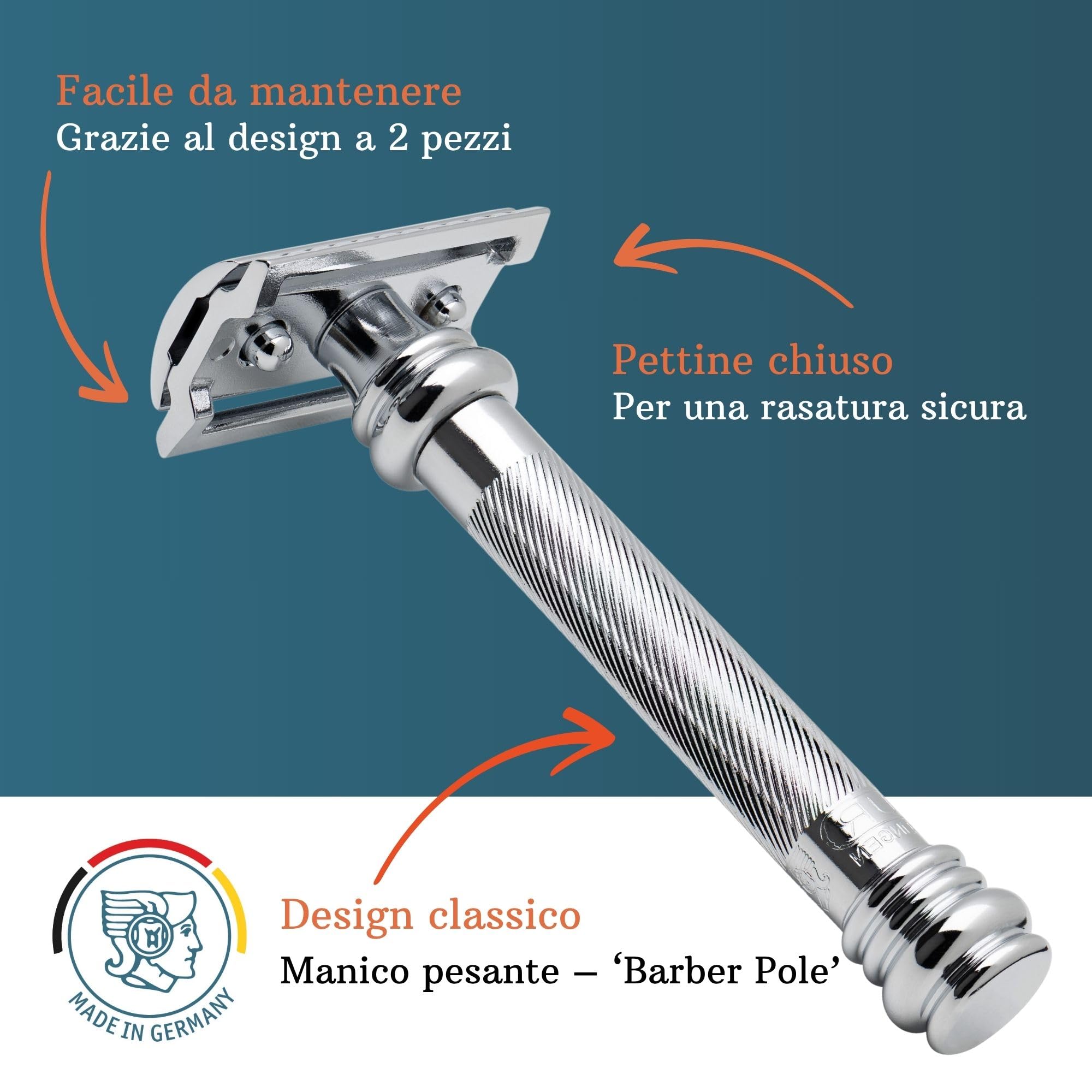 MERKUR Rasoio 38C | Barber Pole cromato lucido | rasoio a due pezzi con taglio dritto | pettine chiuso | ideale per rasatura a umido | zinco pressofuso | manico in ottone | Made in Germany