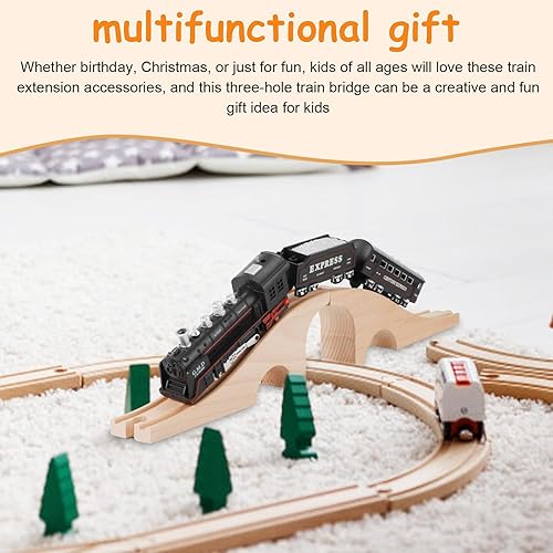 Miniatura 6 de Puente de tren de madera, accesorios de pista de tren de madera, expansión de pista de tren de madera maciza, tres agujeros, tren de tren, juguete