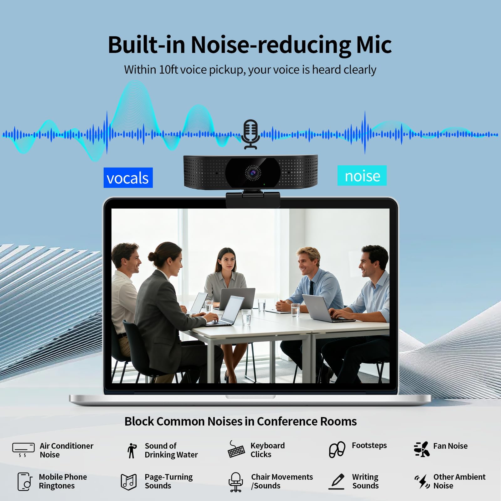 Webcam wireless 1080P per PC, webcam con microfono che riduce il rumore, FOV 92°, rotazione a 360°, plug and play, fotocamera wireless funziona con Skype, zoom per conferenze, videochiamate (senza