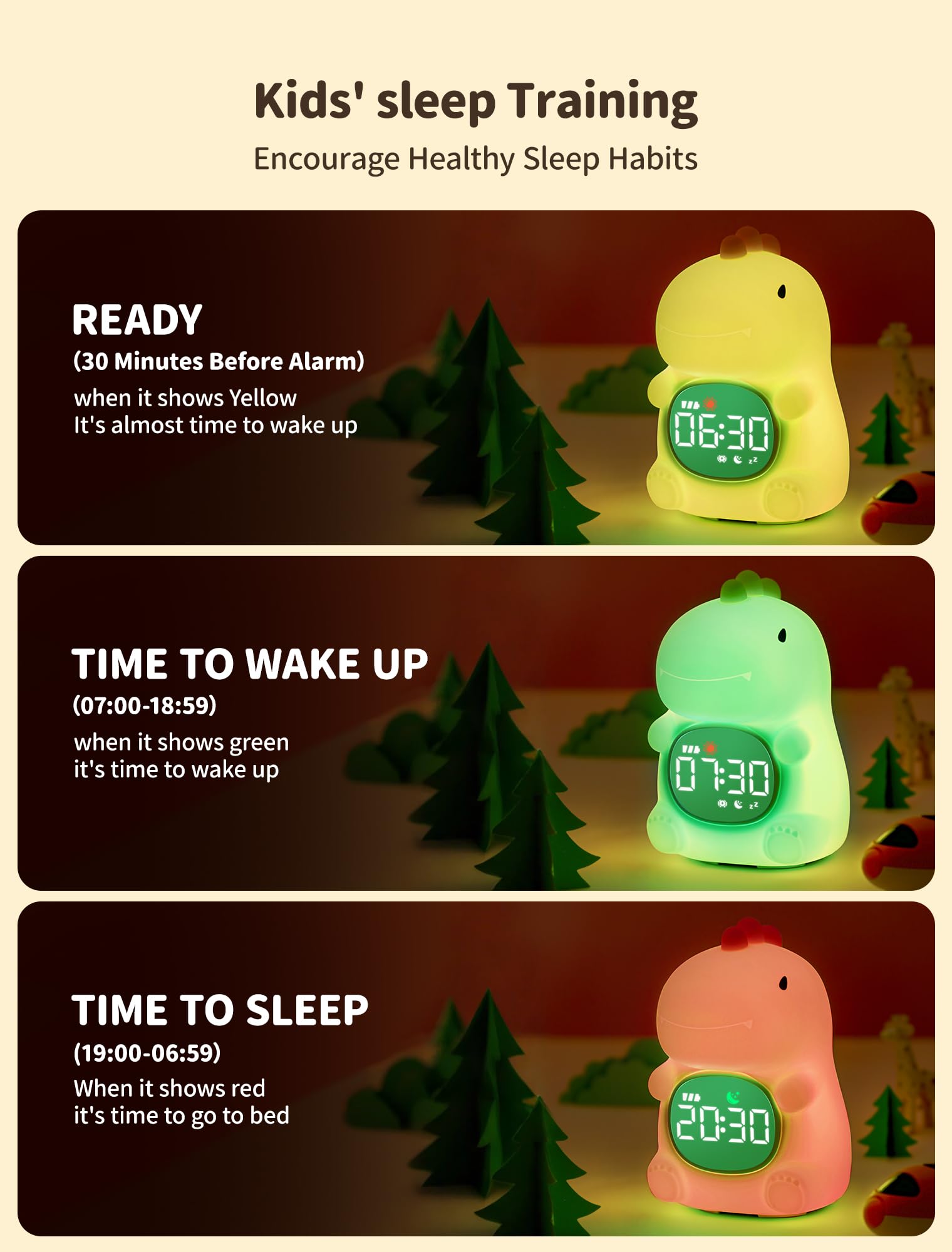 TechCharm Boom Dinosaur Smart Alarm Clock Night Light, Exclusive for Kids. Dinosaur-Themed Wake - up Essential & Sleep Trainer. Dinosaur Night Light with White Noise Sleep - Aid Feature