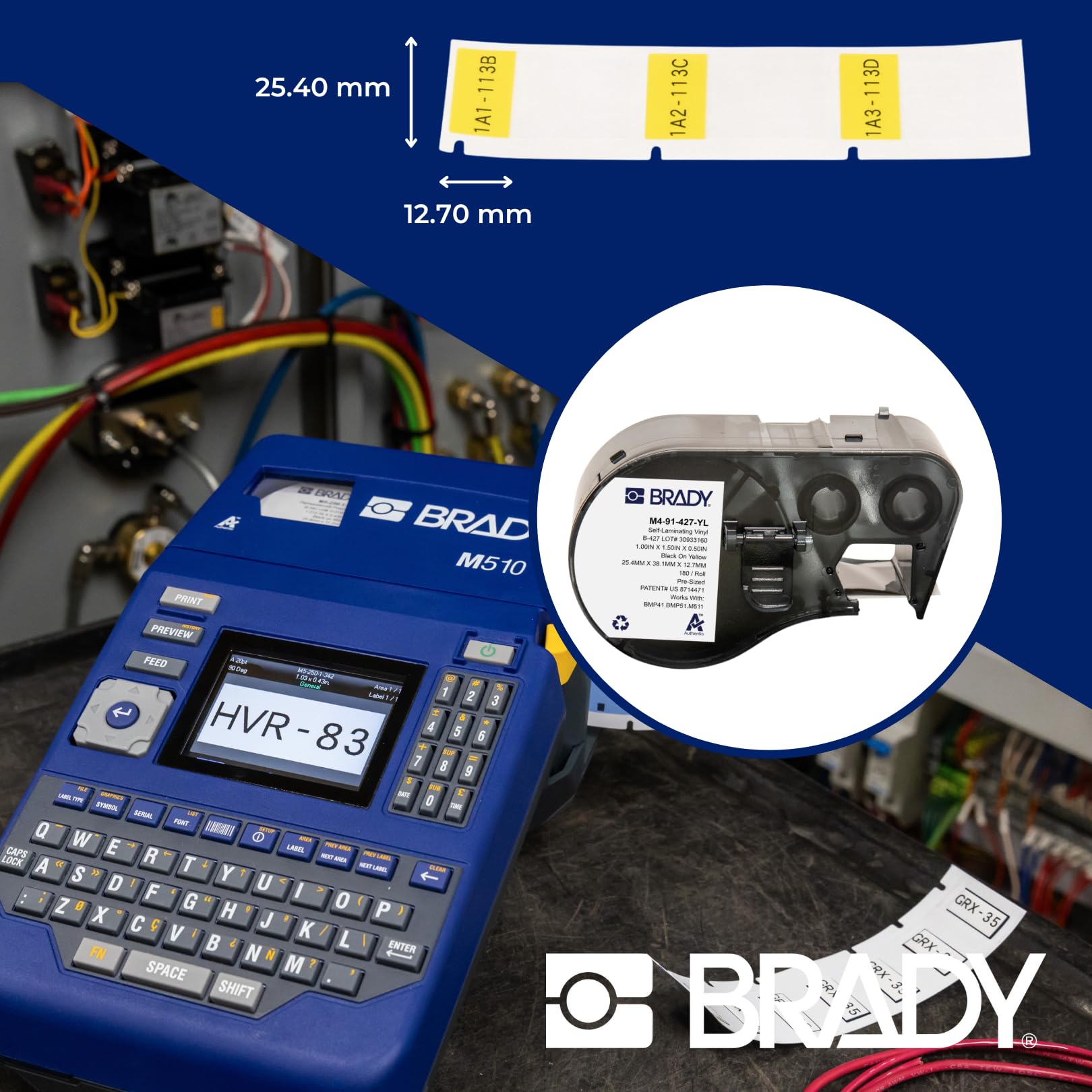 Brady Selbstlaminierendes Vinyl-Etiketten für BMP41/BMP51/BMP53/M511 - 180 Stück - Schwarz auf Gelb, 25,40 mm x 38,10 mm