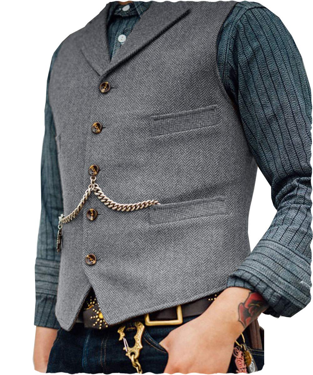 Ceehuteey Mens Suit Vest Waistcoat Tweed Retro V Neck Wool Herringbone for Prom, Silver, Medium