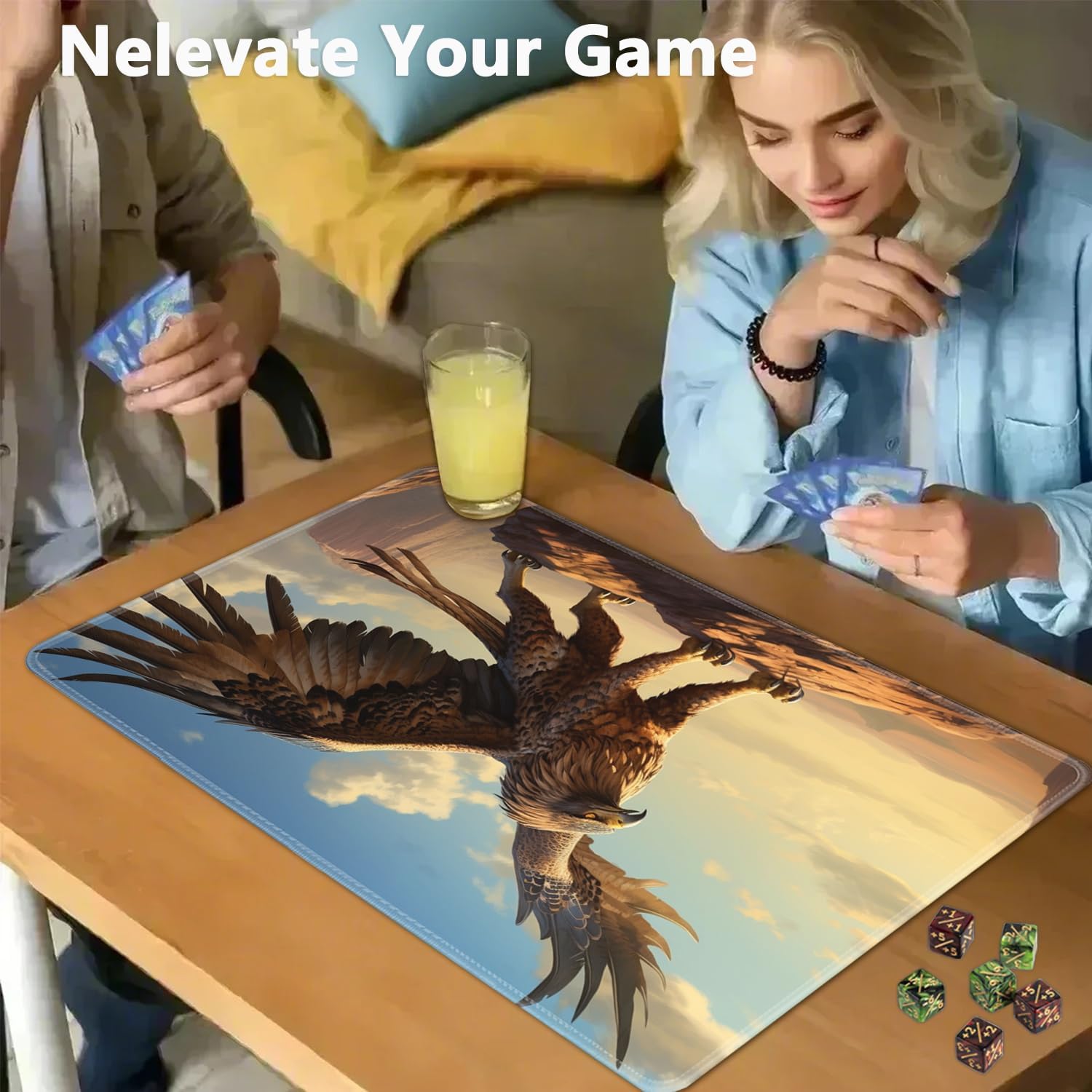 for MTG Playmat + Drawstring Travel Pouch + 6 Dice Counter, for Tabletop Trading Card Game Playmats or Large Mouse Pad, Anti-Slip Rubber 24 x 14 in, Mighty Eagle for TCG Playmat