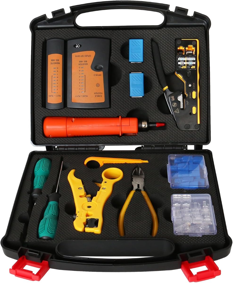 Kit de herramientas de red trophable Kit de herramientas de engarzado RJ45 profesional 12 en 1 | Crimpadora de paso, probador RJ45, herramienta de perforación 110/88, cortador pelador, conectores y botas de paso Cat6