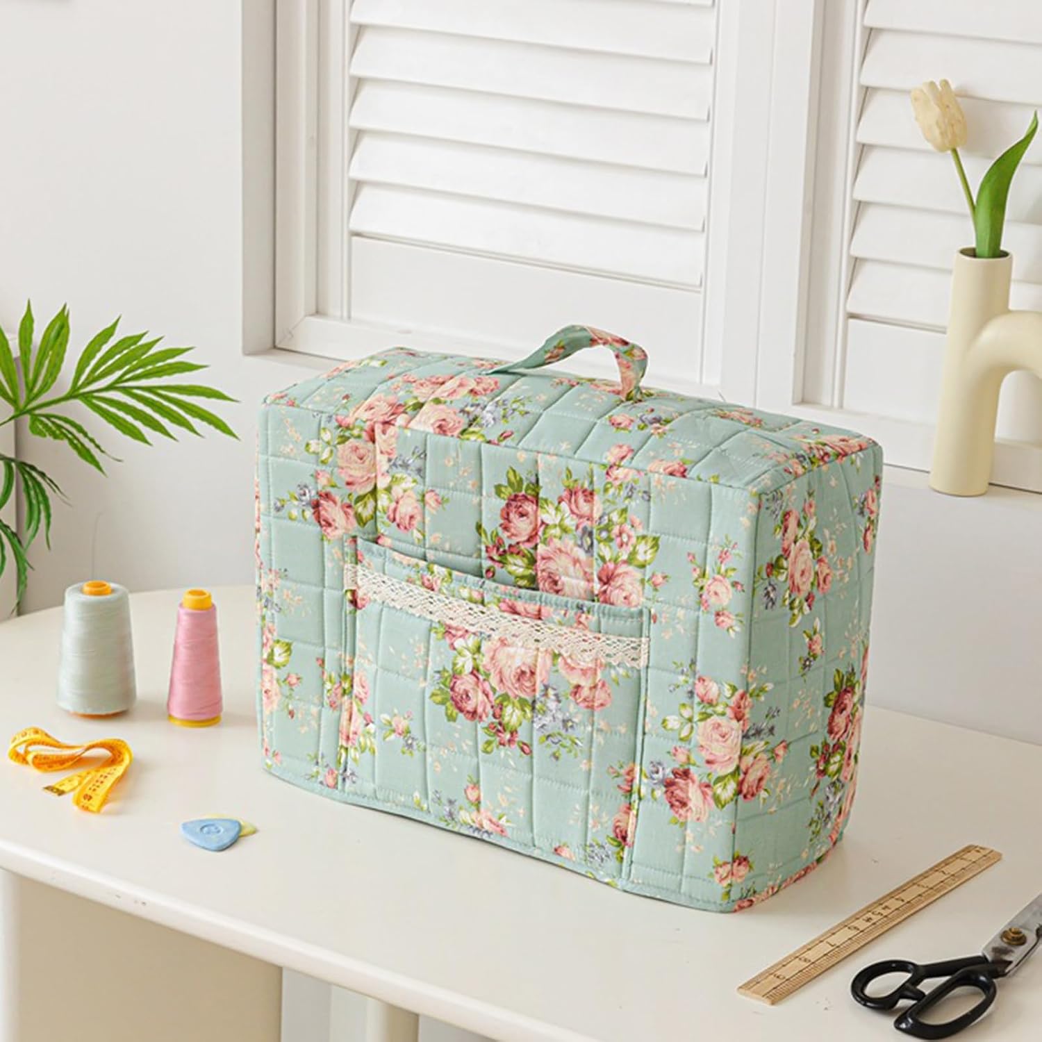 Sewing Machine Dust Cover, Floral Quilted Sewing Machine Cover with Pocket, Craft Room Sewings Supply Organizer (Green, 17 Inches)