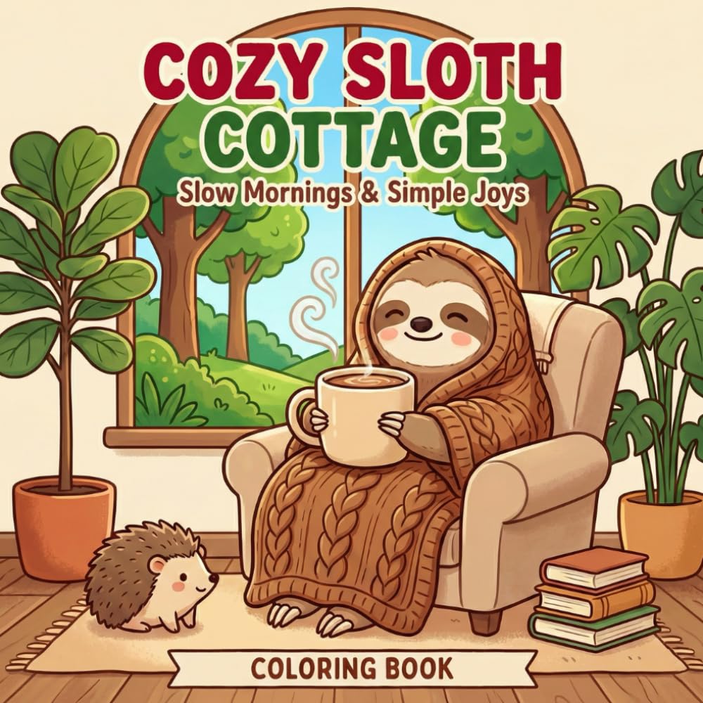 Cozy Sloth Cottage: Slow Mornings & Simple Joys: A relaxing adult coloring book featuring laid-back sloths, forest friends, and warm rustic interiors for stress relief