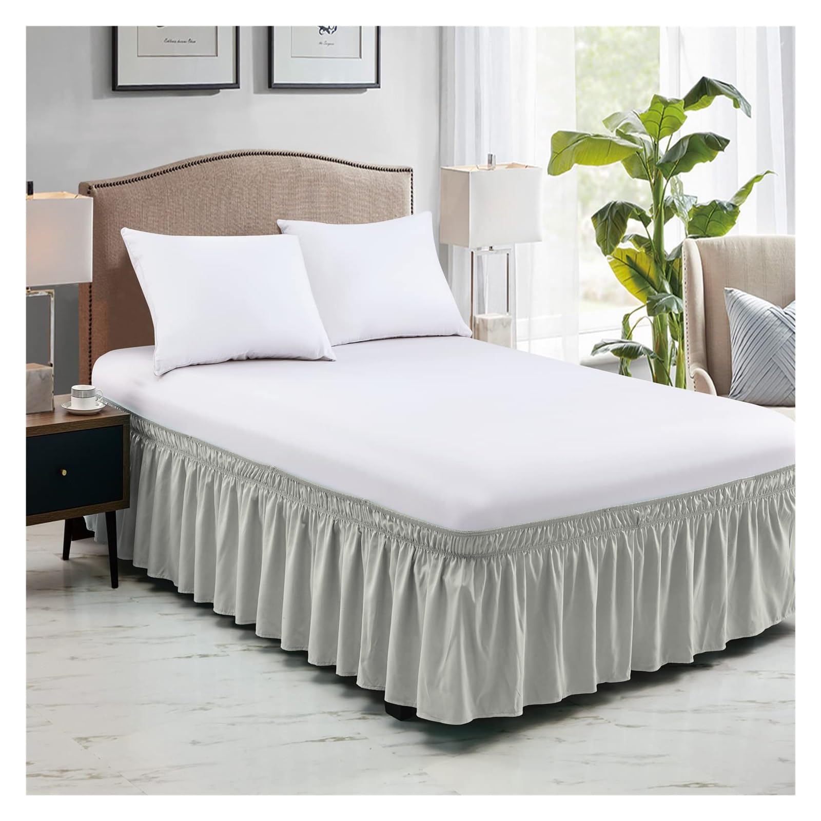Volante per letto elastico morbido e confortevole, resistente allo sbiadimento, senza protezione del letto (grigio, letto matrimoniale 153 x 203 x 38 cm)
