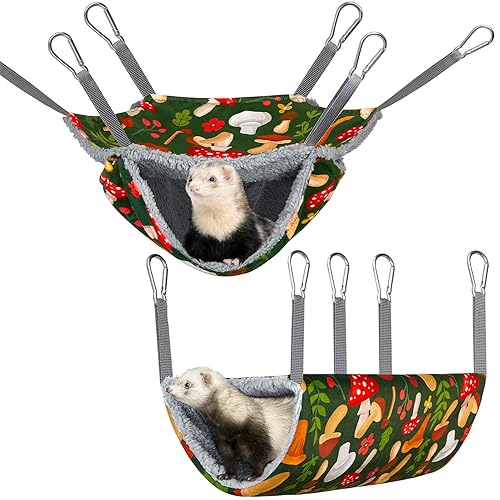 Bienbee 2 Pcs Ferret Rat Hammock Set for Cage Washable Guinea Pig Hideout Bed Soft Small Animal Hammock Tunnel Toys Ferret Cage Accessories for Hedgehog Sugar Glider Squirrel Hamster, Green Mushroom - Green Mushroom