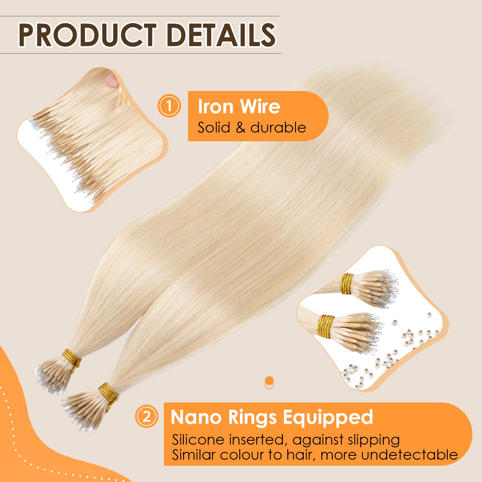 Elailite Nano Beads Hair Extension Real Human Hair With Nano Ring 50 Strands Cold Fusion Straight (#70 Bleach White, 20 Inch) - Image 3