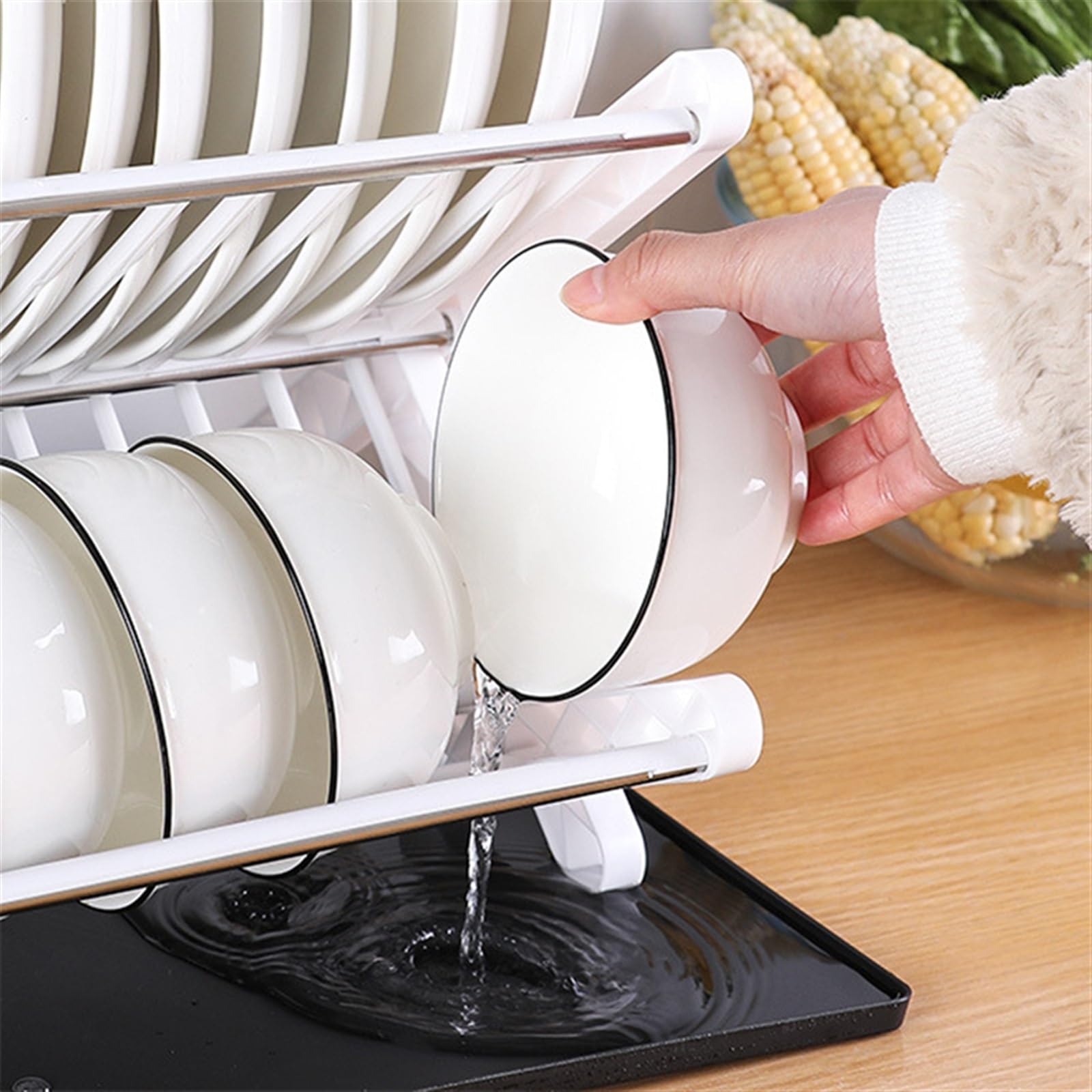 Rejilla para secar platos de cocina Rejilla for secar platos, estante plegable de doble capa for encimera de cocina y drenaje, soporte for tapa, estante for platos, fregadero, escurridor, soporte de a