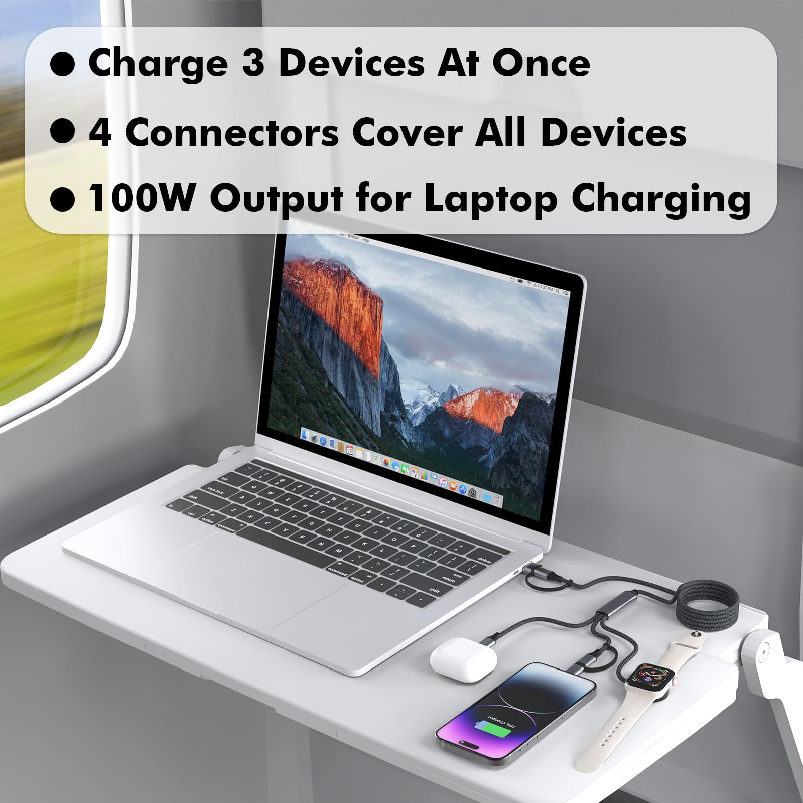 Travel Depot Câble de charge multifonction 4 en 1 pour Apple Watch, chargeur multiple universel pour tous les appareils, câble USB-C de charge rapide de 100 W compatible avec iWatch Ultra/SE/10
