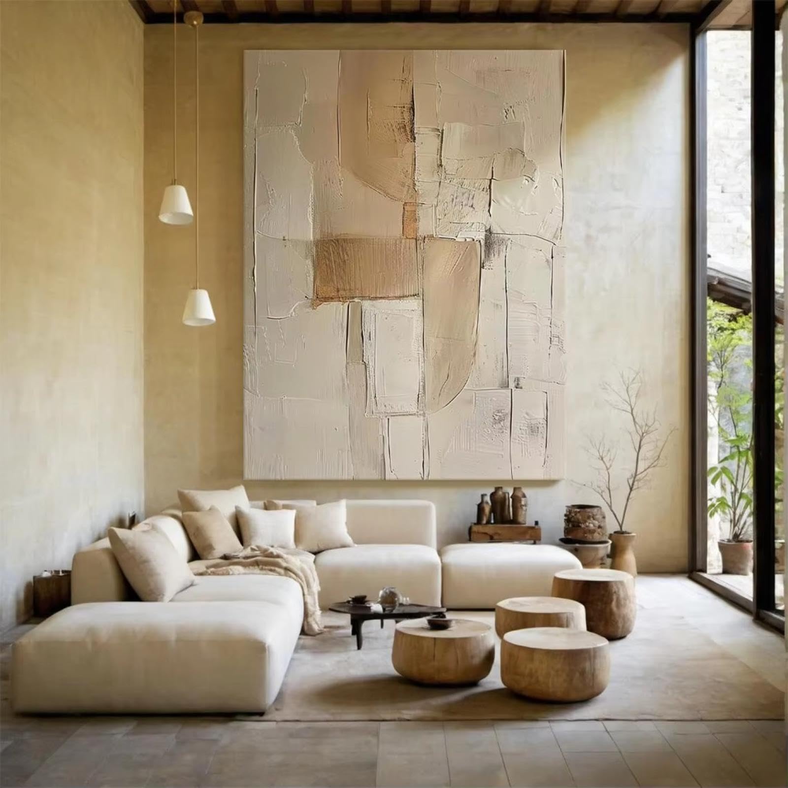 Stampe su tela astratte di grandi dimensioni beige, semplici quadri da parete marroni, quadri geometrici testurizzati per l'arredamento del soggiorno, 80x120 cm (31x47 pollici) senza cornice