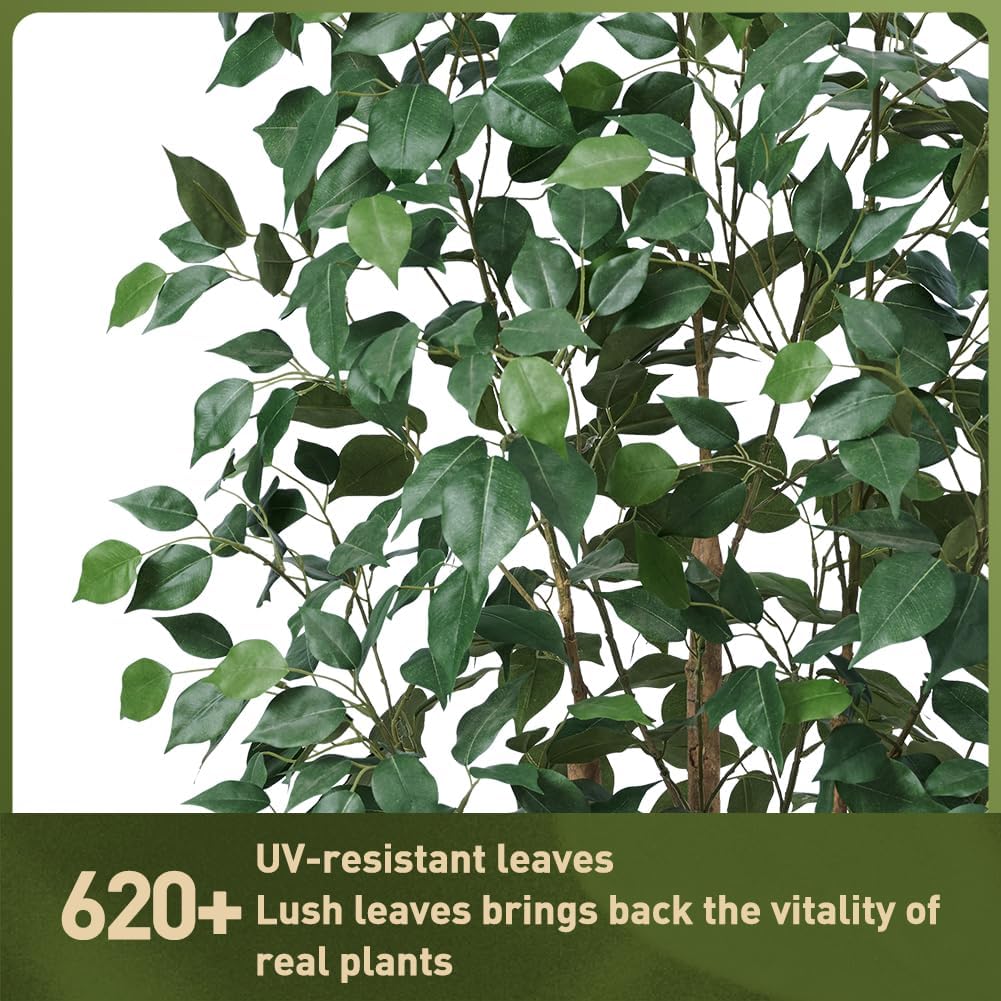 6ft Artificial Ficus Tree-Tall Faux Tree with Pebbles & Planter UV Resistant Potted Fake Plant with Silk Leaves & Real Wood Trunk-Indoor Outdoor Floor Plant for Home,Living Room,VN129 - Image 4
