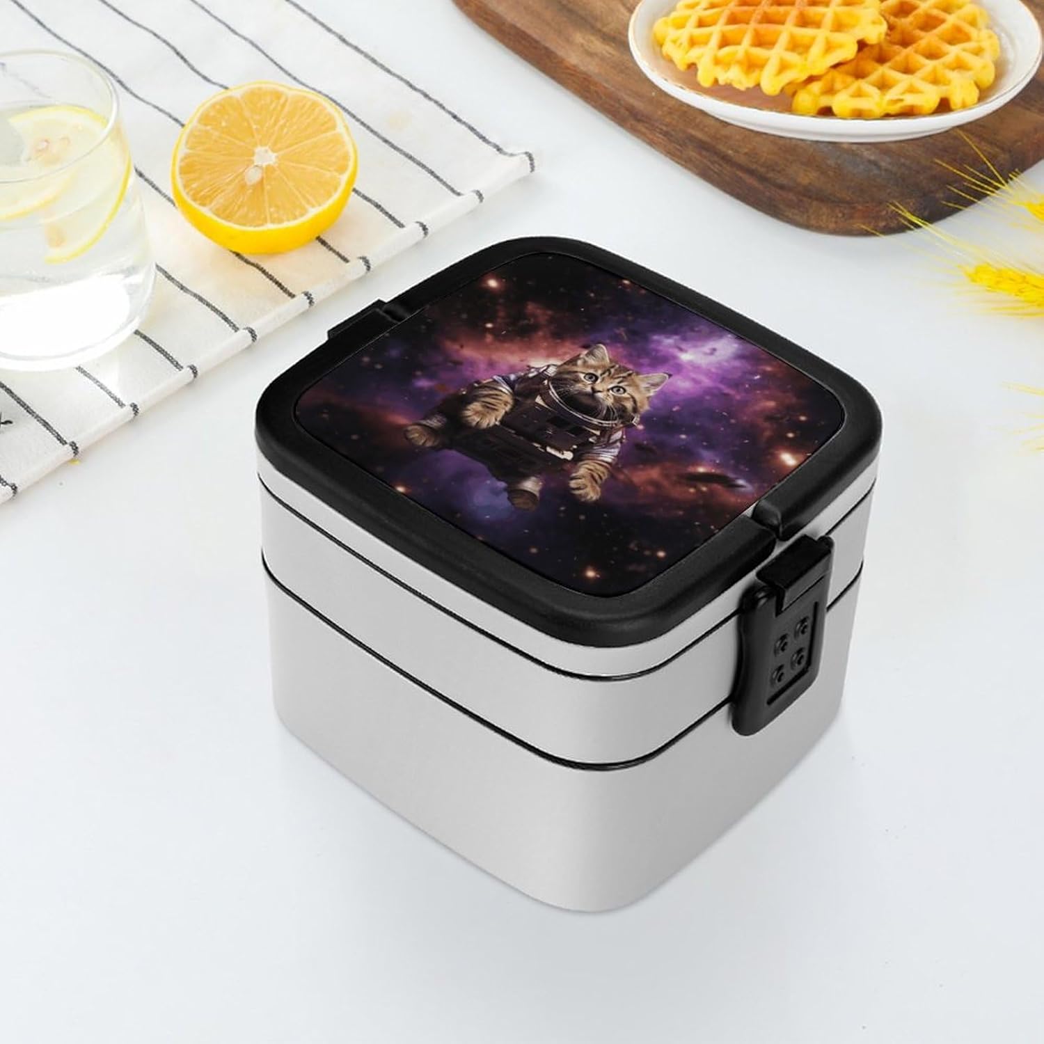 Adults Lunch Box Adult Bento Box Stackable Bento Box BPA-Free A Cat in Outer Space Lunch Box Food Container Ideal for Meal Prep, Work, And On The Go