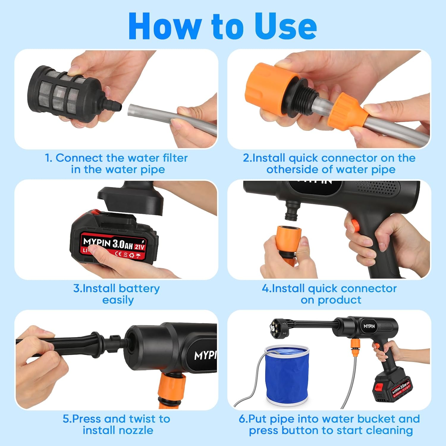 Portable Cordless Pressure Washer, 600 PSI 21V Rechargeable Two Batteries Powered Pressure Washer,6-in-1 Nozzle with Standard Nozzle for Car Floor Wall Fence Cleaning - Image 8