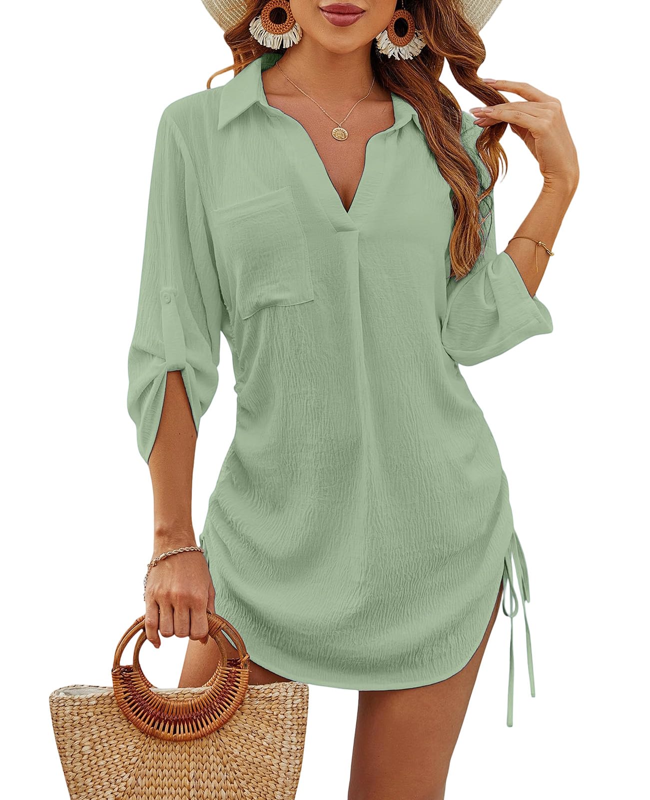 JFAN Vestido de Playa para Mujer Camisas Largos Cuello en V de Bikini Cover up Color Sólido Chic con Verano Casual Blusa de Playa con Boton