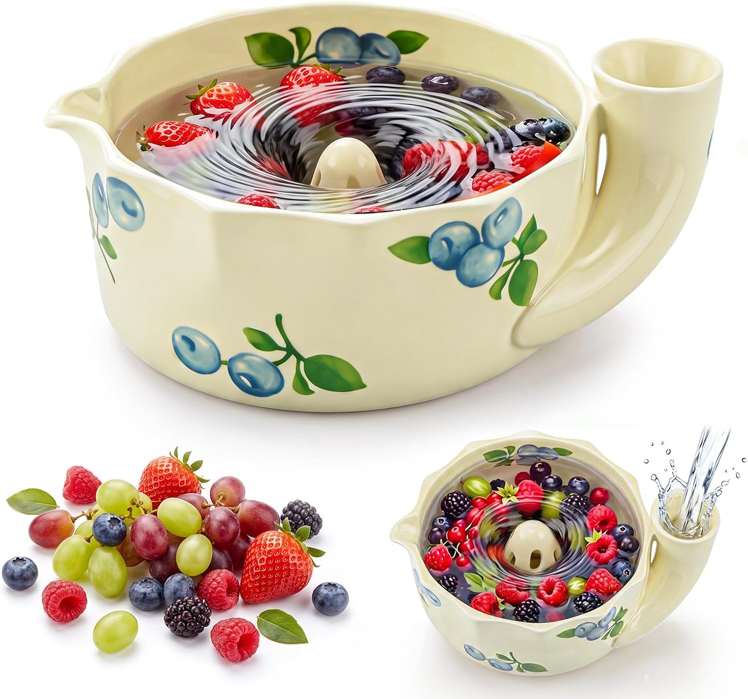 360° Self Spinning Berry Ceramic Washing Bowl, Blueberry Pattern