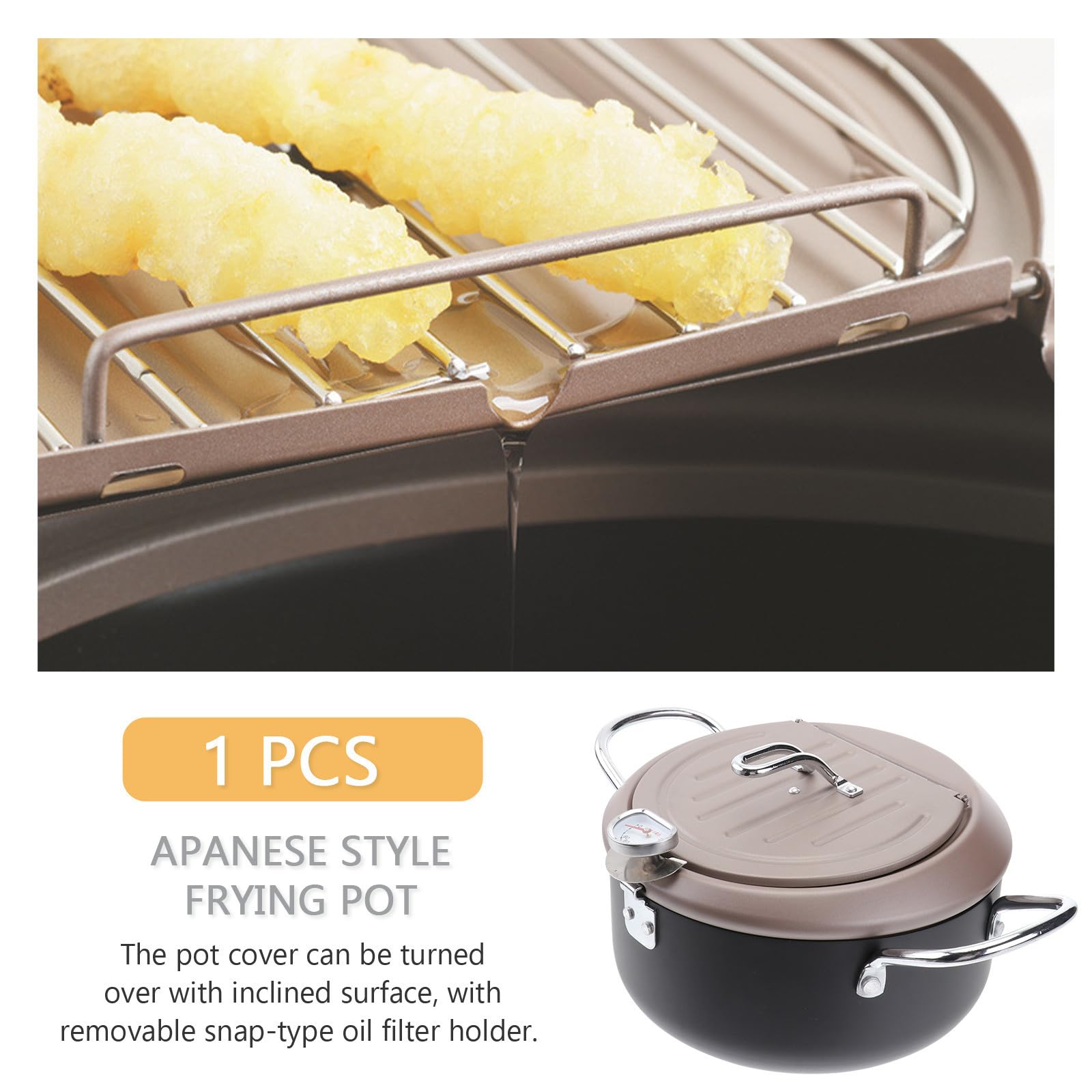 POPETPOP Freidora Japonesa Termómetro y Filtro de Aceite Sartén Profunda Anti-Salpicaduras con Tapa y Rejilla para Escurrir Utensilio para Freír Cocina de Gas y Eléctrica