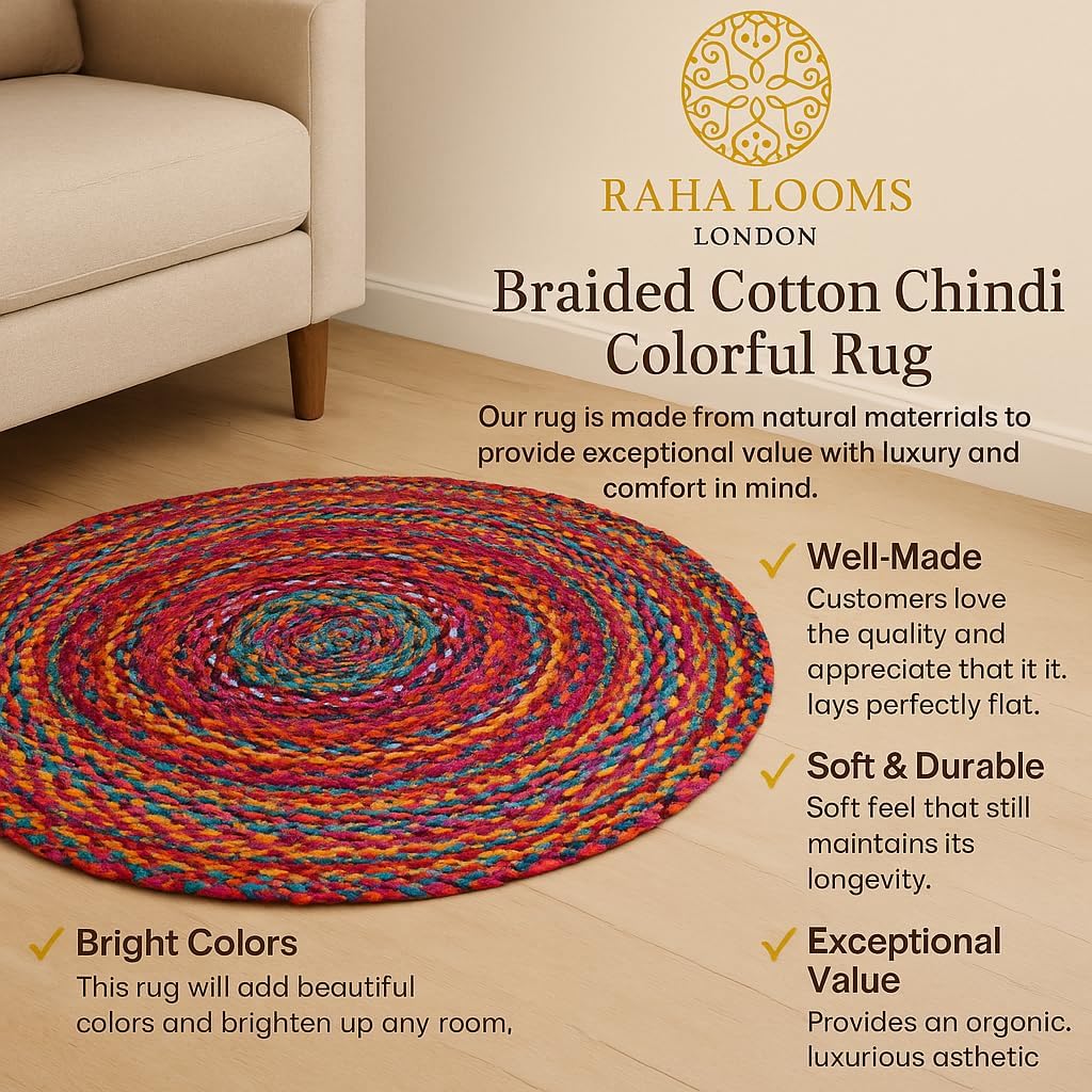 Handwoven Round Cotton Chindi 5' Round Circle Area Rug, Multicolor Braided Design