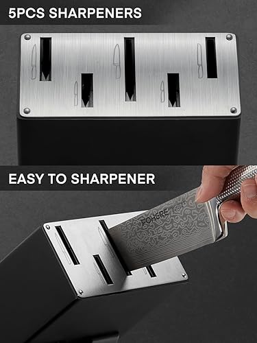 Miniatura 3 de FOHERE - Juego de 7 cuchillos de acero inoxidable de alto carbono con bloque, 4 afiladores integrados, juego de cuchillos de cocina de textura