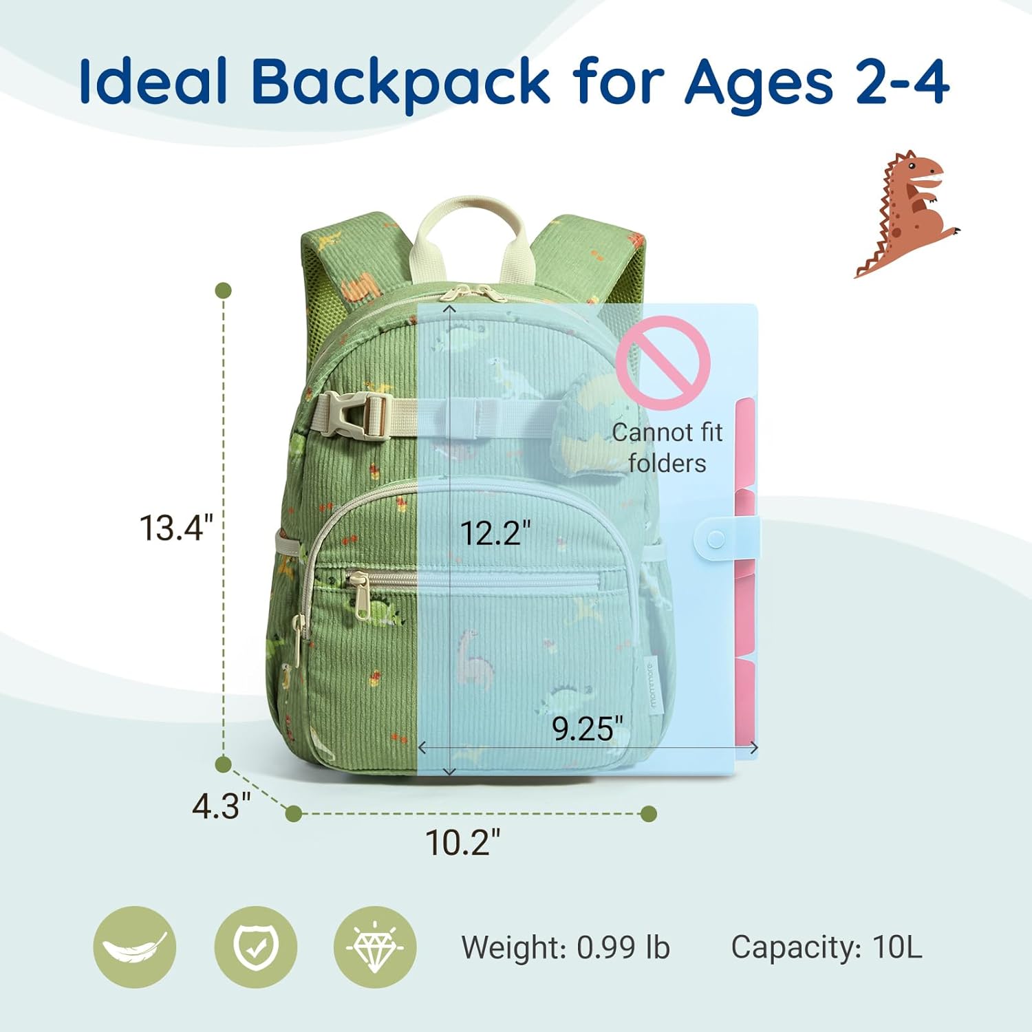 mommore Toddler Backpack for Boys 2-4, Corduroy Kids Backpack, 13" H Preschool Kindergarten Daycare School Bag Dinosaur Bookbag - Image 6