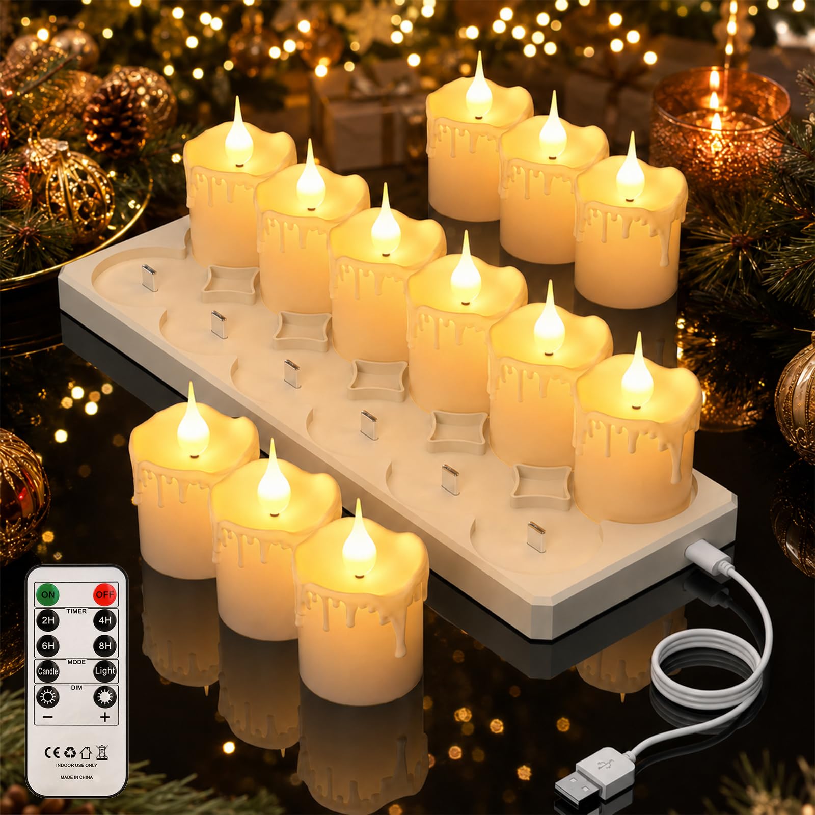 Soiarllt 12pcs Rechargeable Battery Tea Lights with Remote & Charging Base