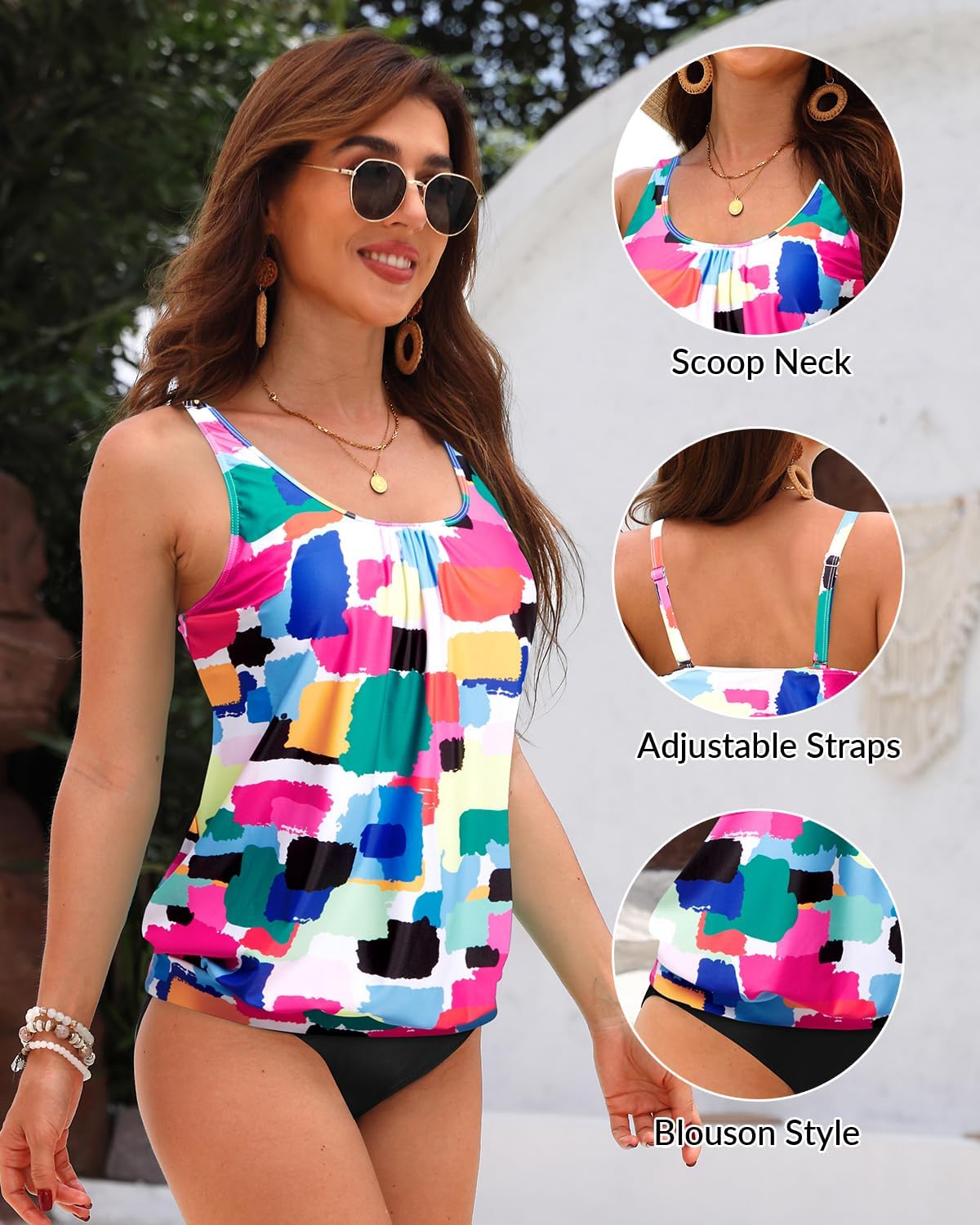 Yonique Womens Blouson Tankini Top No Bottom Loose Fit Swim Top Modest Tank Top