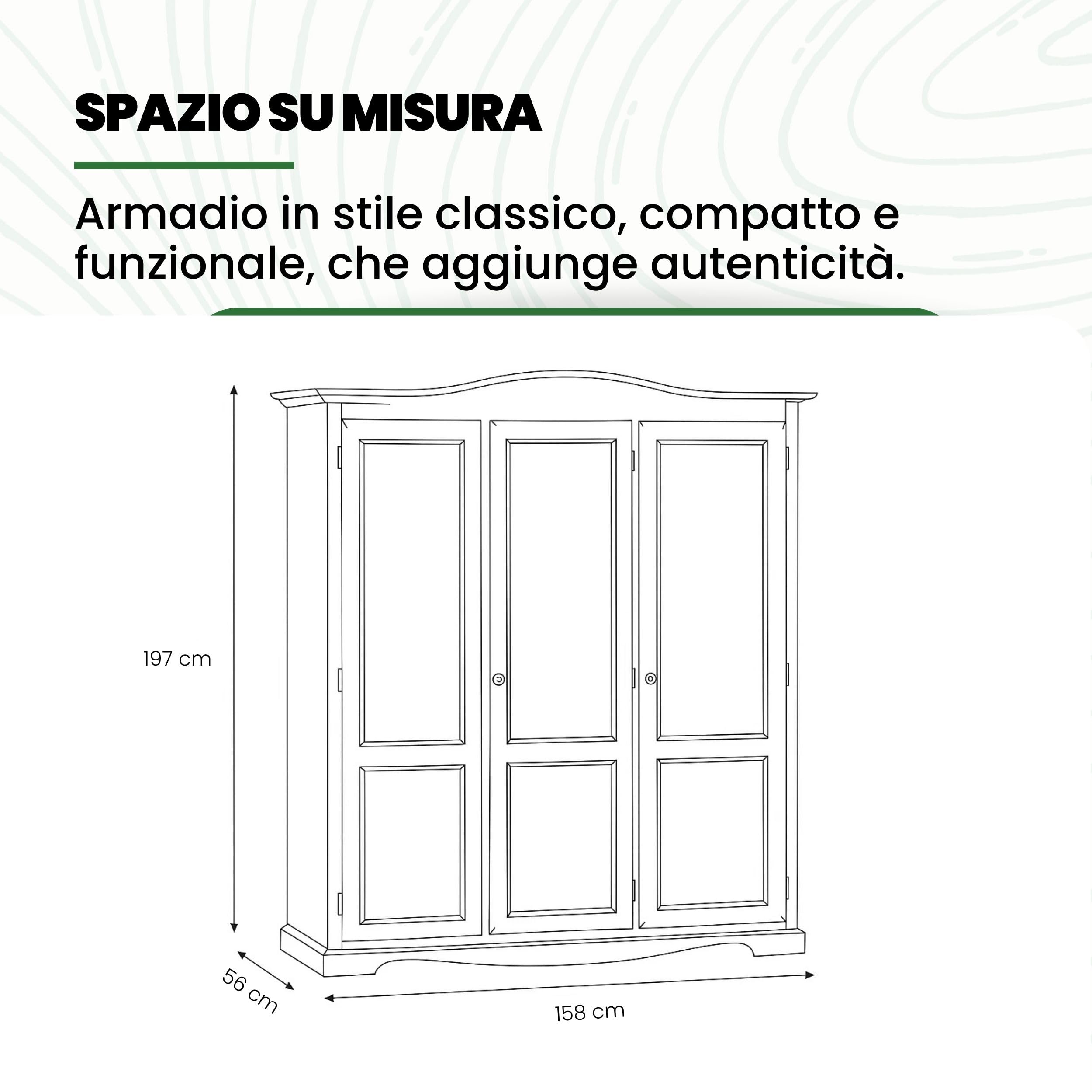 Mar.c.a. Design - Armadio in Legno Massello Arte Povera 158x56x197 cm - 3 Ante con Cappello Gendarme Tondo - Made in Italy