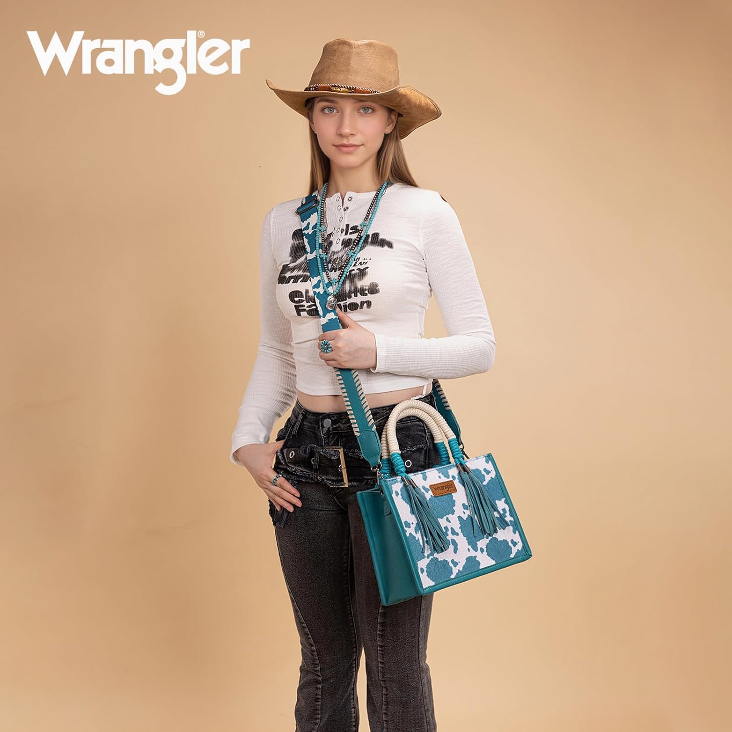 Montana West Wrangler Tote Bag Cow Print Western Satchel Bags for Women with Braided Rope Handle - Image 2