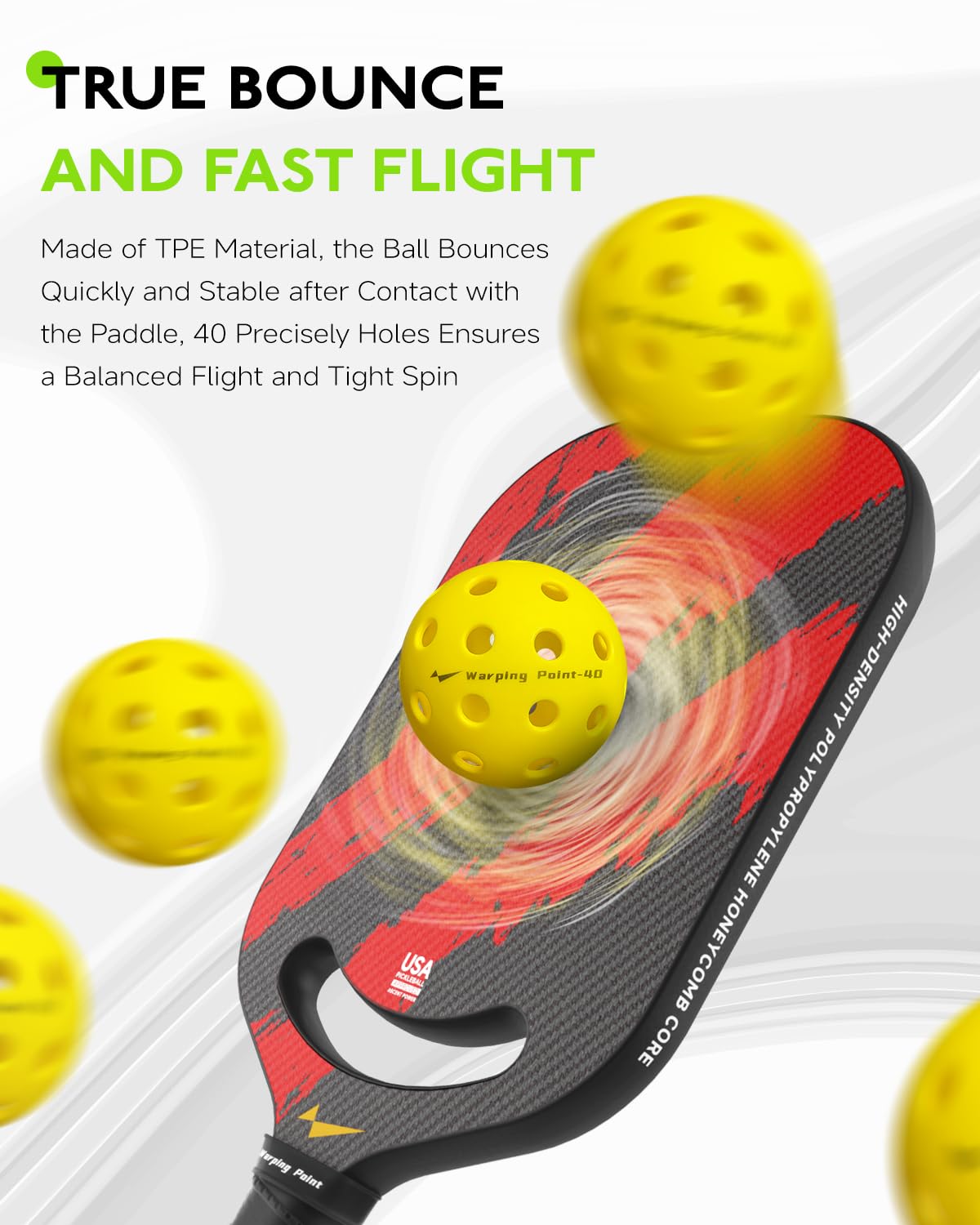 Warping Point Palline da pickleball da esterno, confezione da 4 palline gialle con 40 fori, con sacchetto in rete, soddisfano le specifiche USAPA, palline resistenti ad alto rimbalzo per principianti