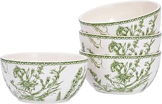 Bico Green Garden Toile De Jouy Cereal Bowls Set of 4, 26 oz Deep Ceramic Soup Bowls for Cereal, Salad, Noodles, Kitchen, Microwave and Dishwasher Safe, Gift for Housewarming and Thanksgiving