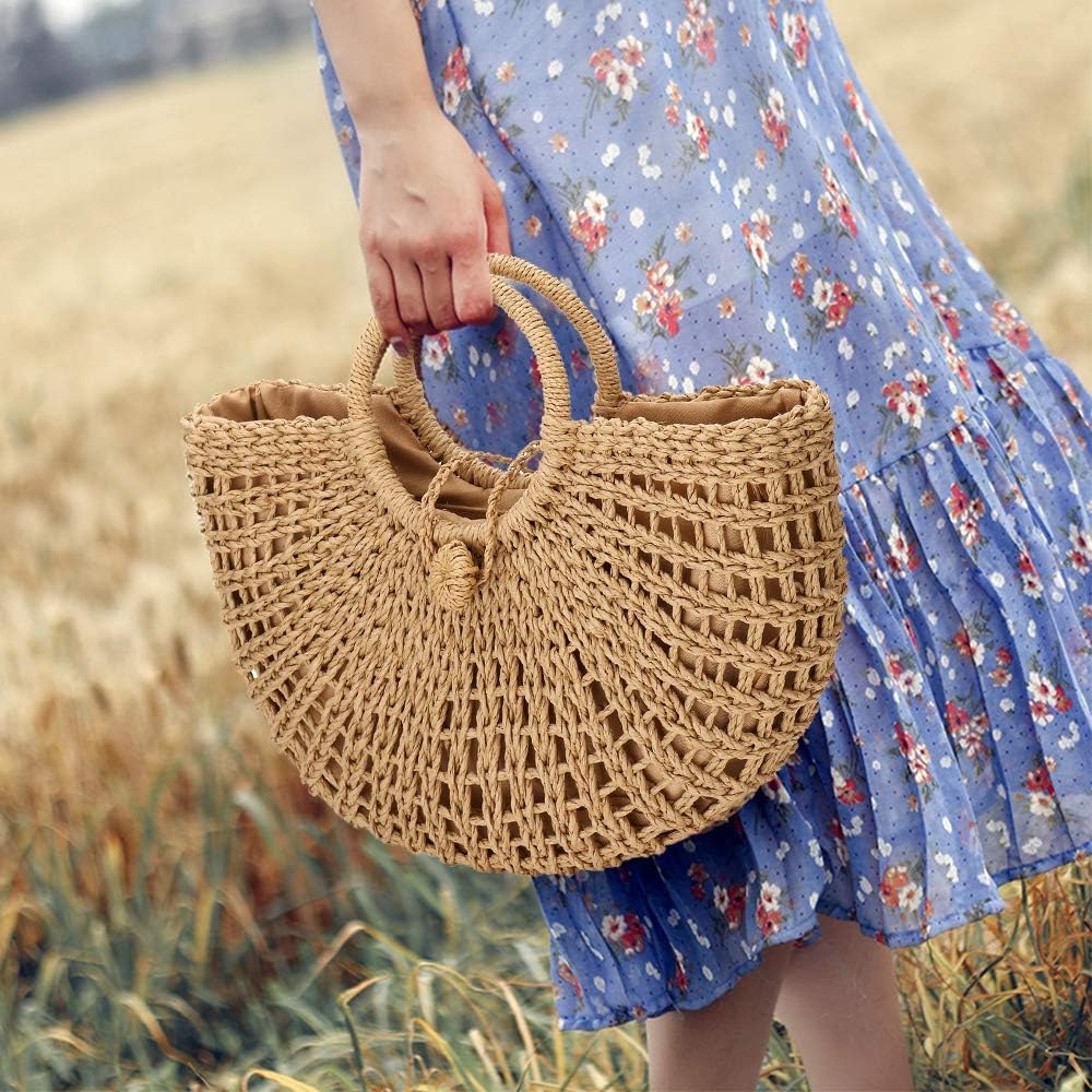 YYW Beach Totes Bags for Women Summer Large Straw Hand-woven Top-handle Handbag Sea Straw Bag Beach Rattan Clutch Purse