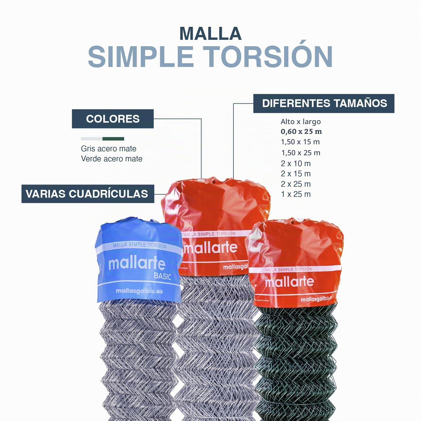 Malla Simple Torsion Mallarte Basic 50/13/100 | Rollo de: 25m | Color: Gris | Diámetro: 2.05mm