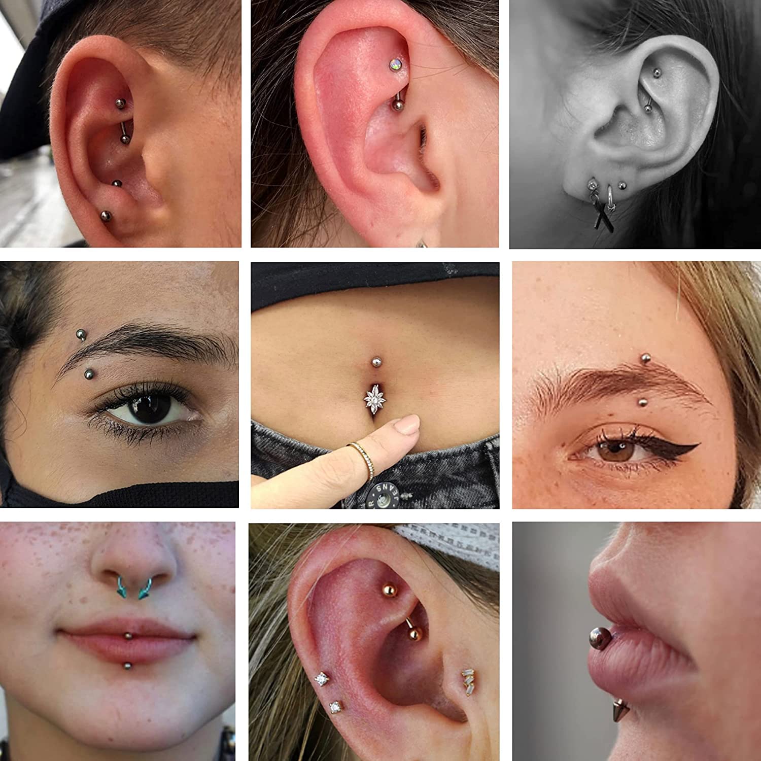 LOLIAS 12 sztuk kolczyków 16 G Rook Daith Curved Barbell ze stali nierdzewnej dla kobiet, piercing tragus, brwi, kolczyk do ciała, kolczyk typu banan, zestaw biżuterii 6-8 mm, 1.2 mm, Stal nierdzewna