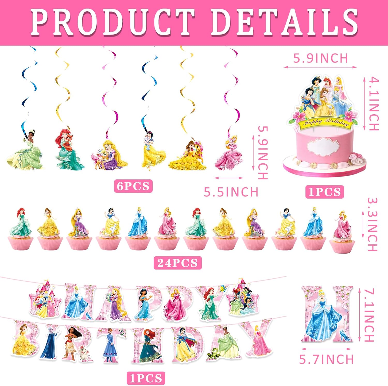 Princess Birthday Party Supplies, Princess Party Decorations with Tableware Set Includes Banners, Balloons, Paper Plates, Napkins, Paper Cups, Hanging Swirls and Tablecloth