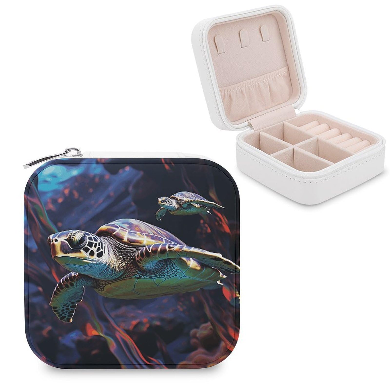 VstaDank A Colorful Tropical Sea Turtle Jewelry Box Portable Mini Travel Case Display Storage Holder Boxes PU Leather Small Jewelry Organizer for Women for Stud Earrings Rings Necklaces Bracelets