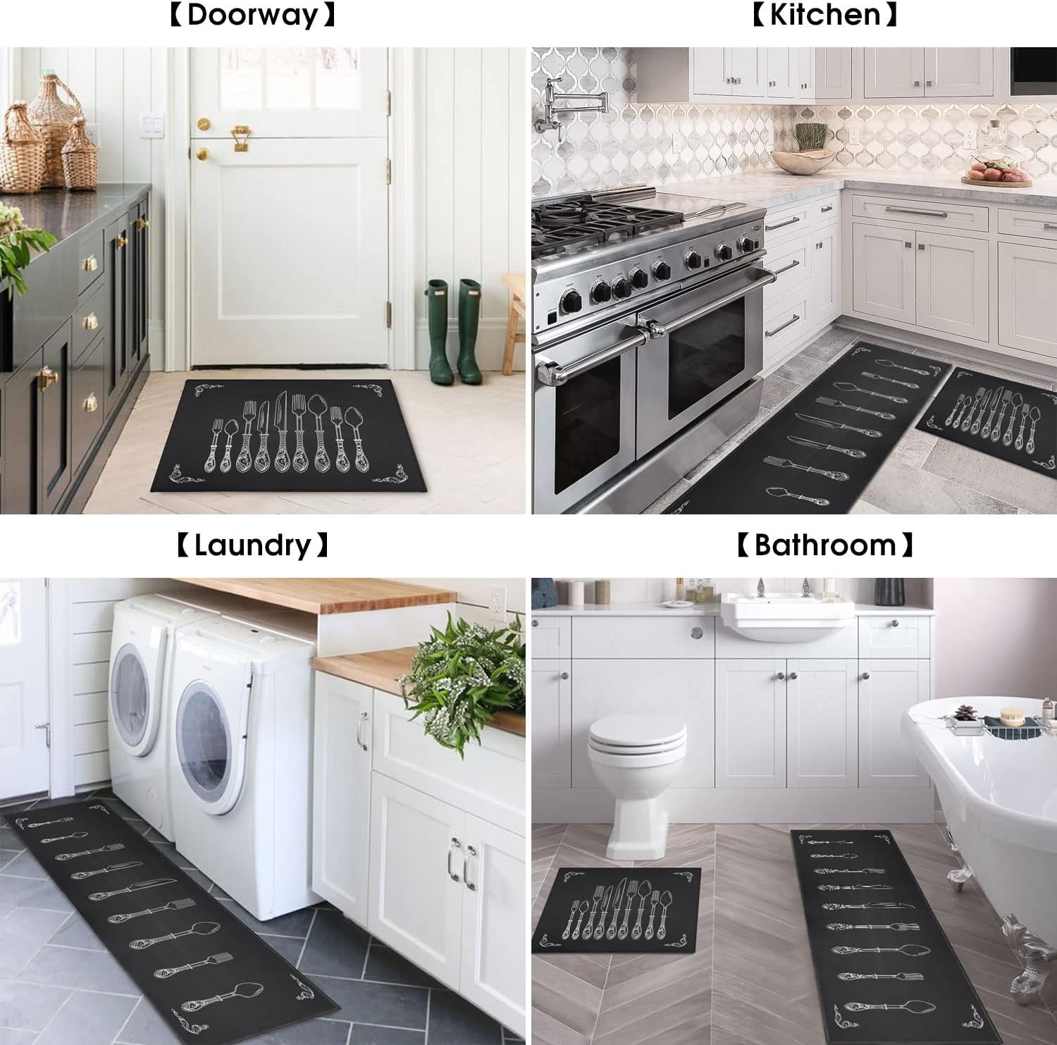 Black Kitchen Rugs and Mats Non Skid Washable Absorbent Microfiber Kitchen Mat for Floor, Kitchen Mat Set of 2 Black Kitchen Decor Stain Resistant 17"x47"+17"x30"
