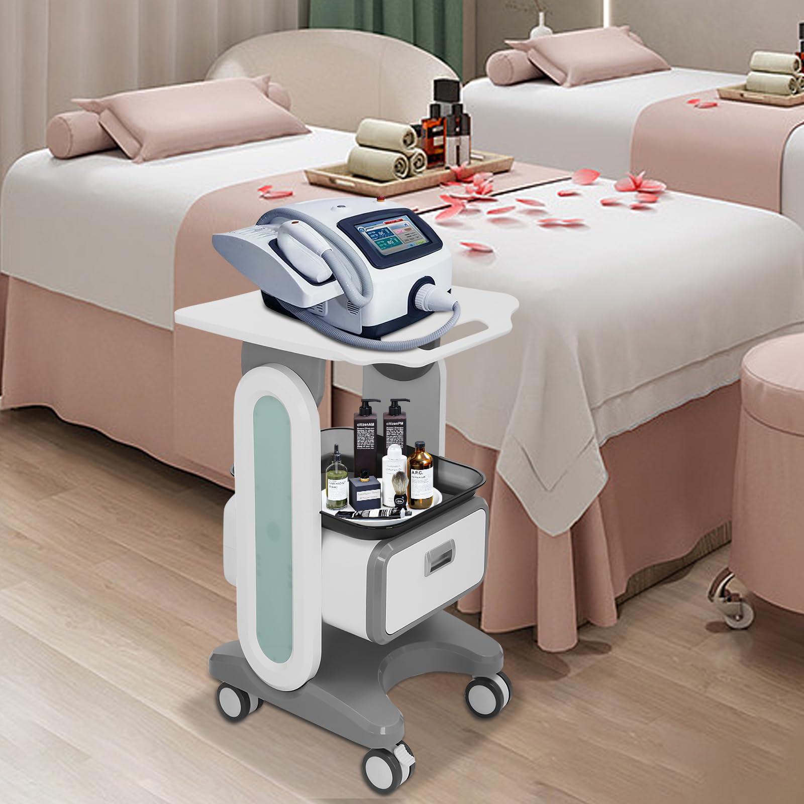 Wózek laboratoryjny, do przechowywania piękności, profesjonalny wózek z tworzywa ABS i metalu, z 1 szufladą, 2 półkami, maks. 60 kg, 4 rolki (2 kółka hamulcowe), wózek uniwersalny do domu, salonu