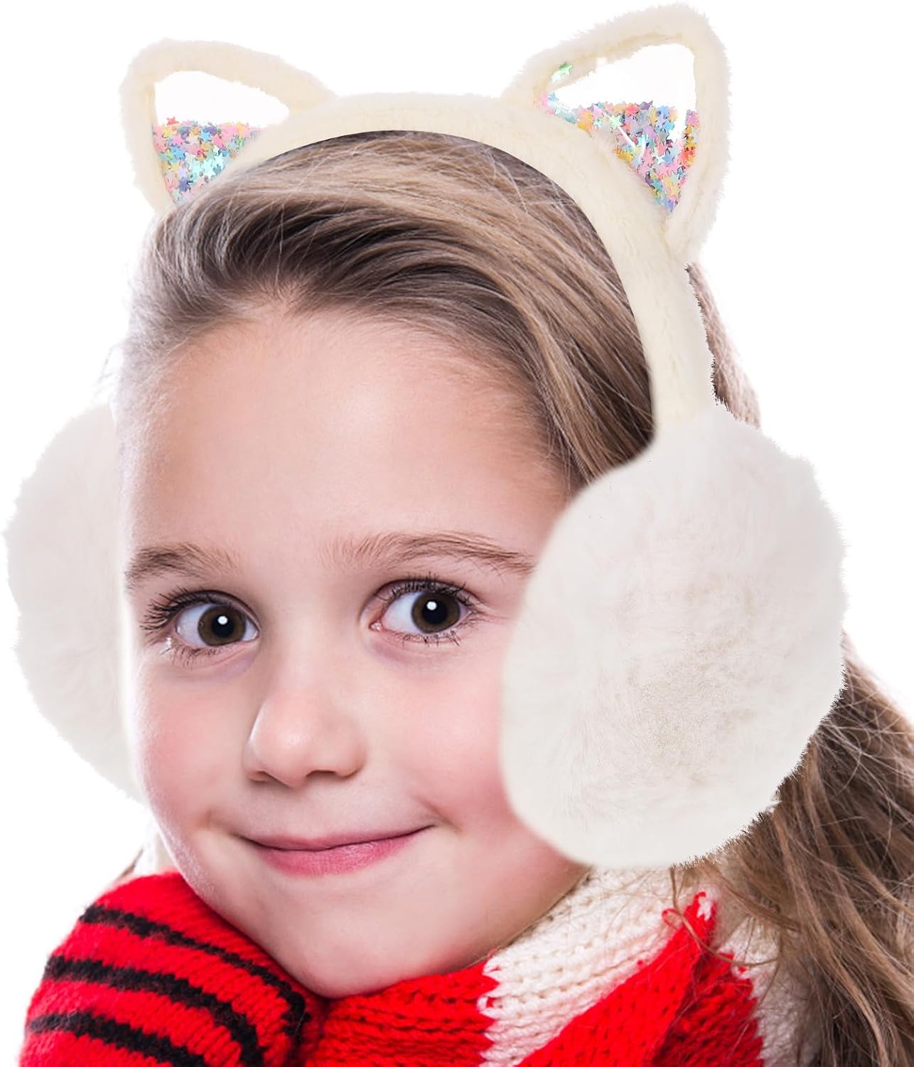 Winter Earmuffs with Foldable Plush Kitten Ears, White Soft Ear Warmers and Boys Outdoor Cold Weather Protection