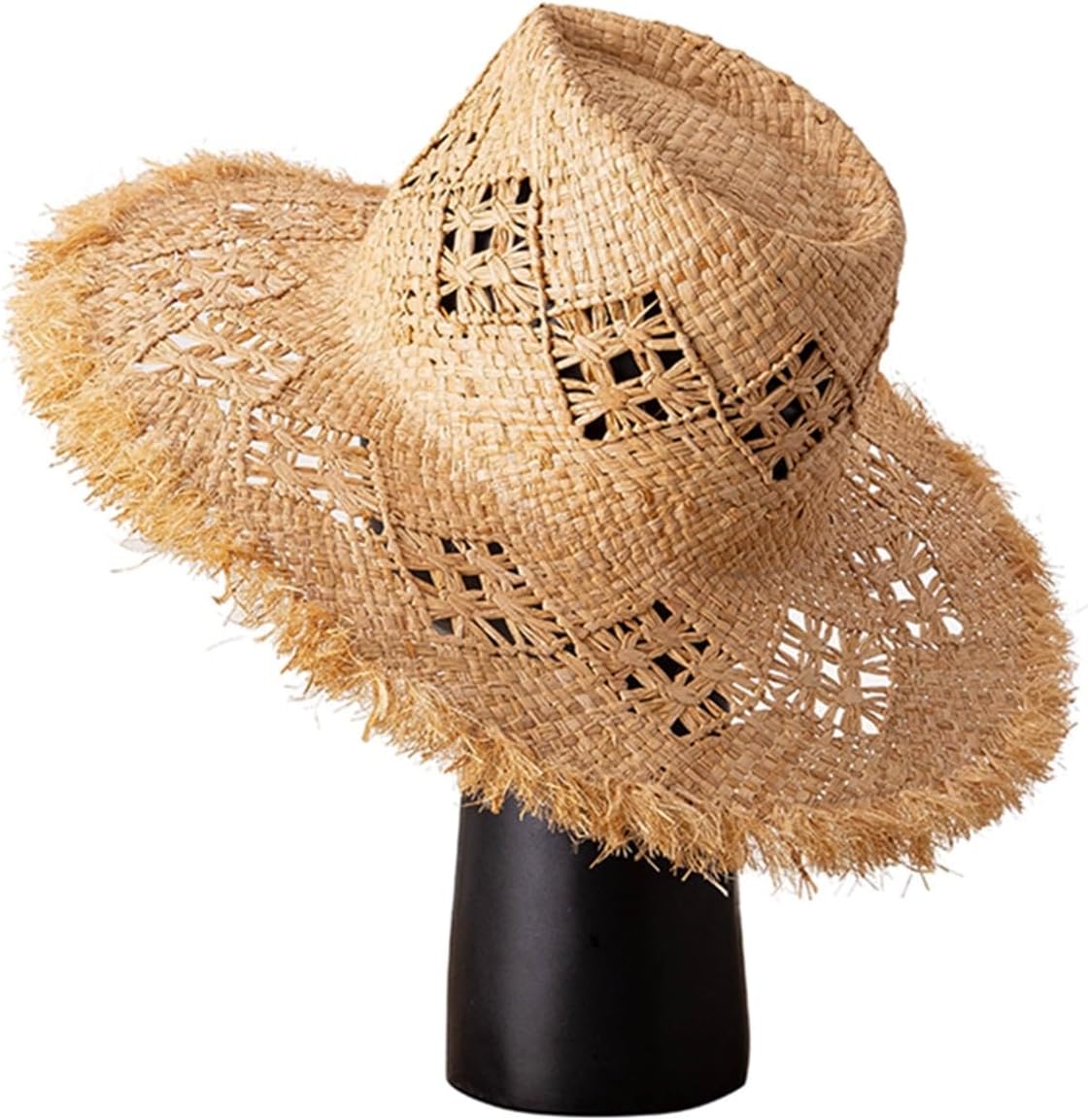 Women's Open-Crown Straw Hat - 15cm Wide Brim Handwoven - Adjustable 56-58cm - Summer Beach Hat