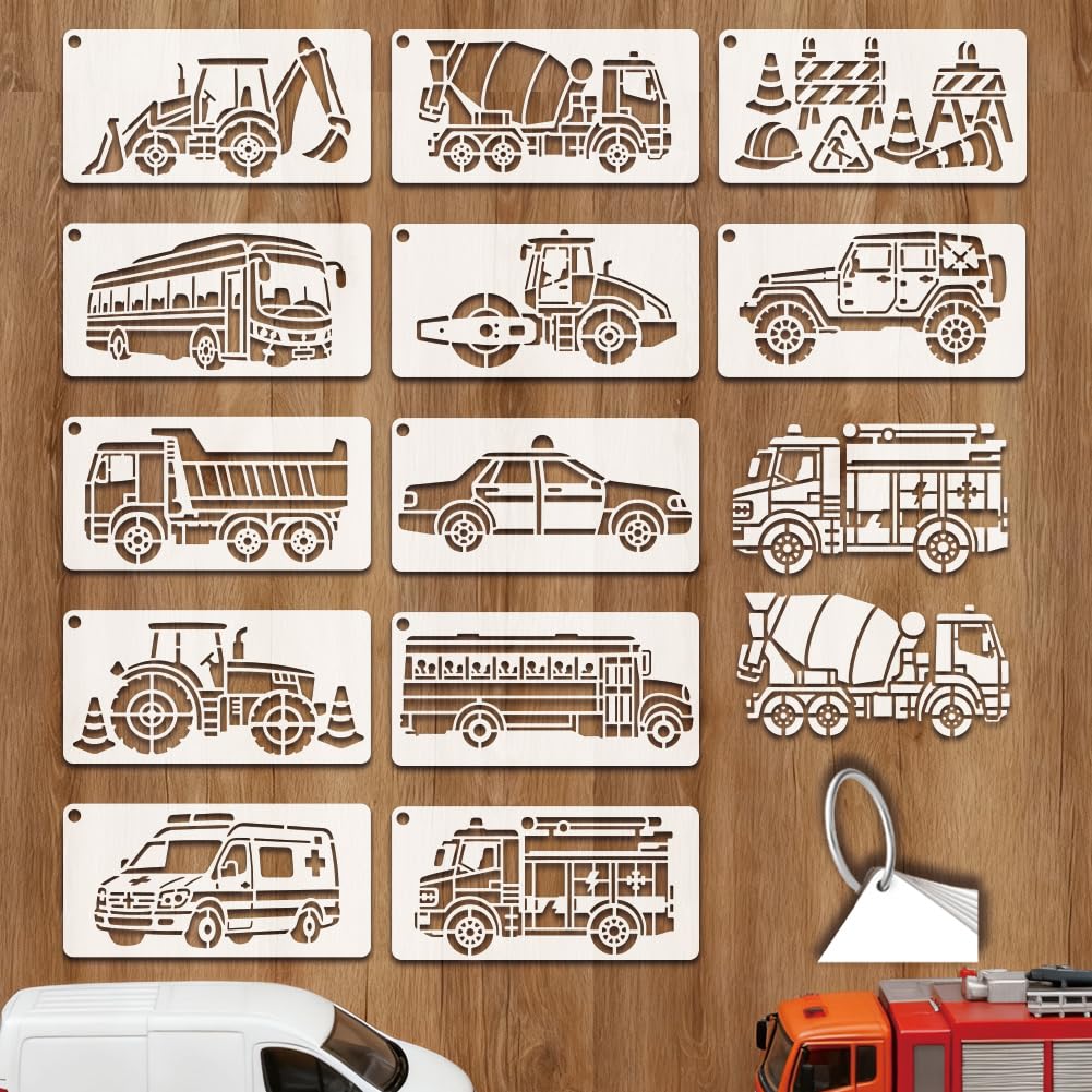 GOMAKERER 12 Sheets Construction Vehicles Stencil Pet Painting, 12 Styles Means of Transportation Reusable Drawing Templates Trucks Buses Art Templates for Wall Wood Fabric Canvas Paper Decor(24x12cm)