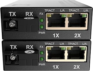 2 Port RJ-45 Gigabit Ethernet to WDM SC Single Mode Single Fiber BiDi Media Converter - Built-in Fiber Module 20km (12.42 Miles) to UTP Cat5e Cat6 10 100 1000 RJ-45 AutoSensing 1 Pair Set 1310/1550nm