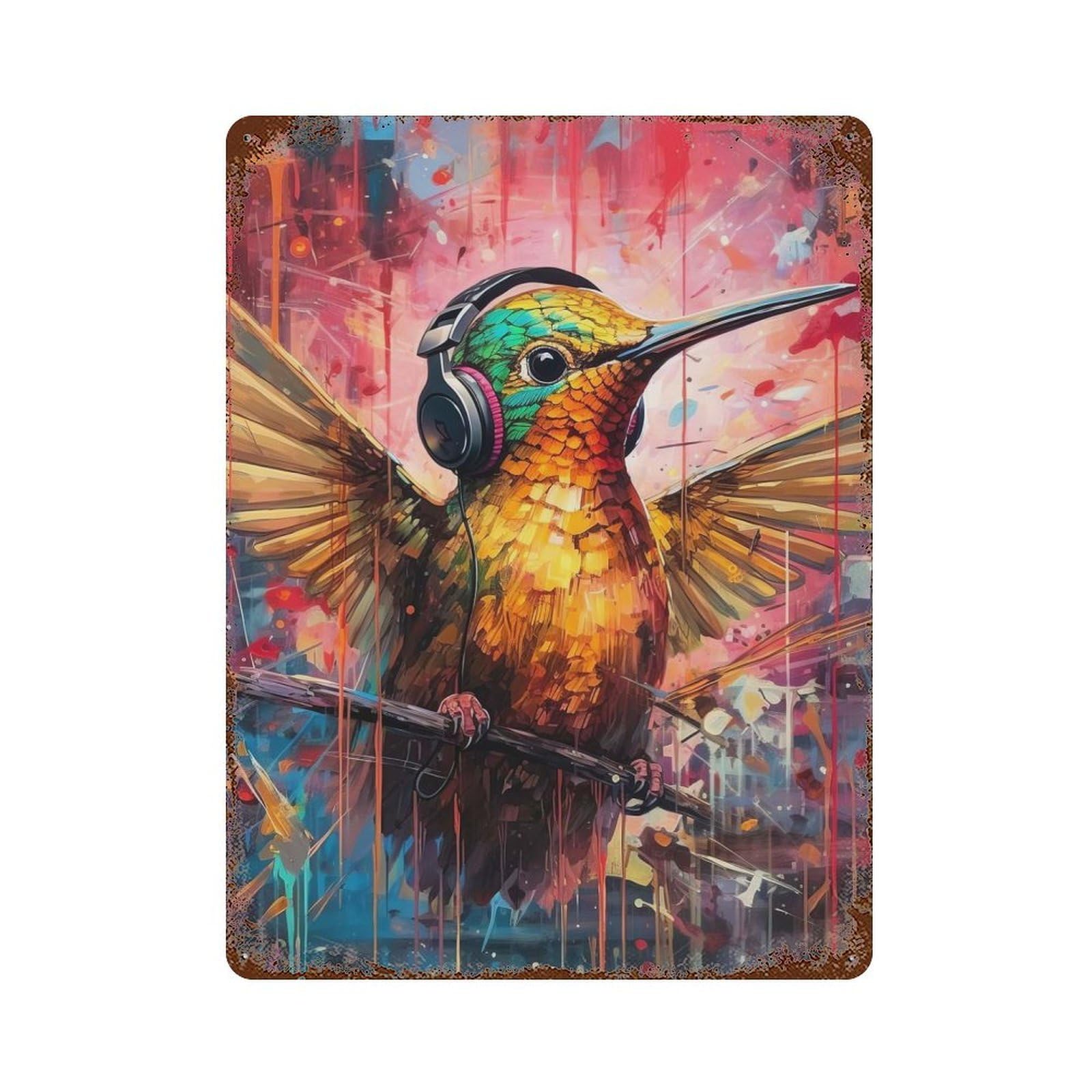 Distressed Metal Wall Sign Hummingbird Headphones 15.7"x11.8", Retro Wall Decor for Basement, Hobby Room And Garage Decor