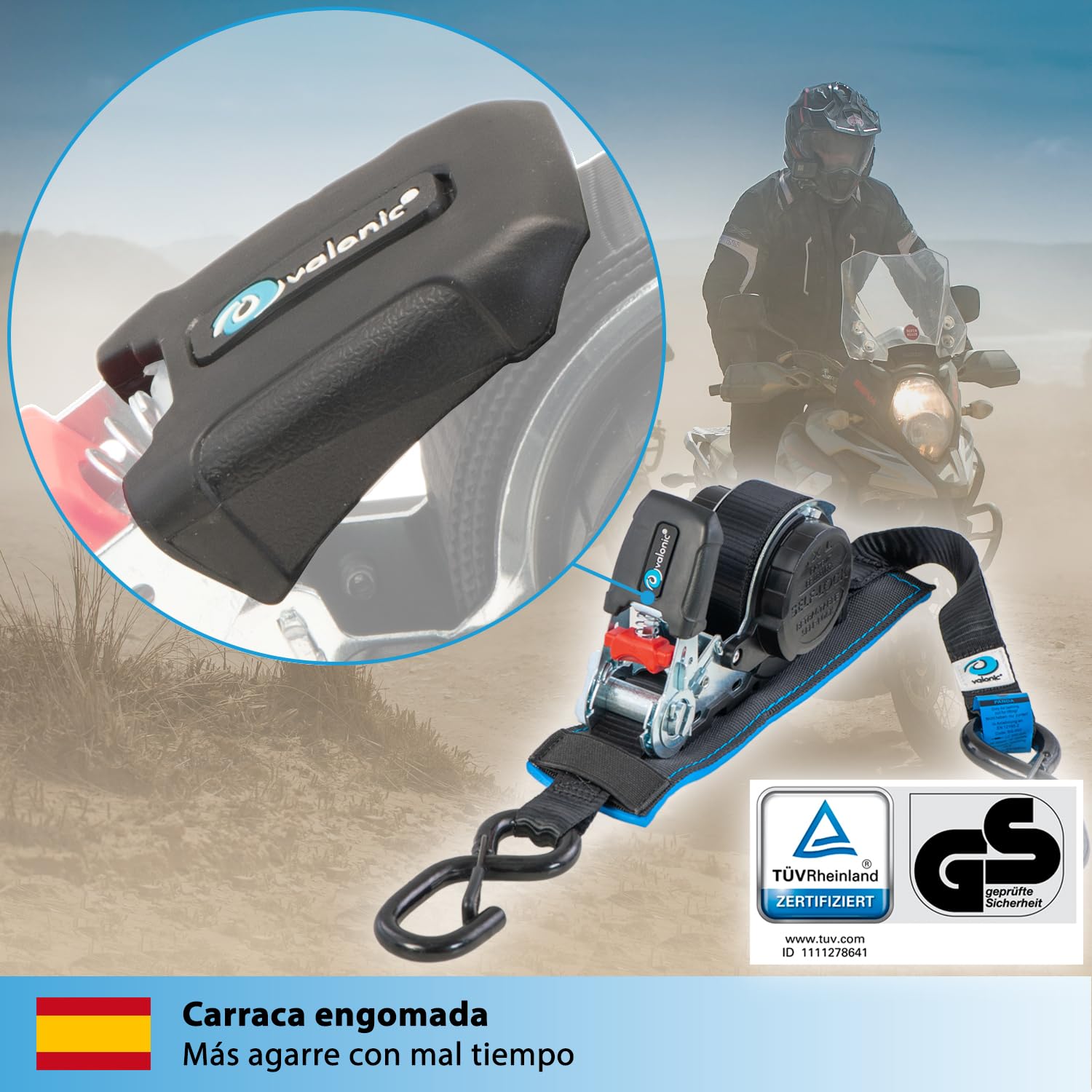 valonic Panda - 2X 5m Cinchas de Amarre automáticas con mosquetón, 25mm, 300/600 KG, Acolchadas, Certificado TÜV Rheinl. & GS, EN-12195-2 - con trinquete, Negro